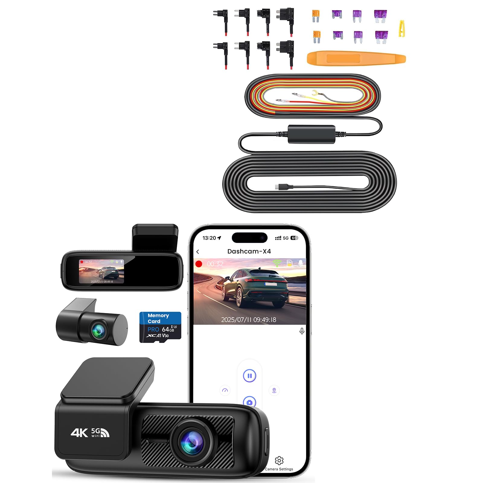 Dashcam Voiture Avant Arrière + Kit de Câbles Type-C, Surveillance de stationnement 24h/24