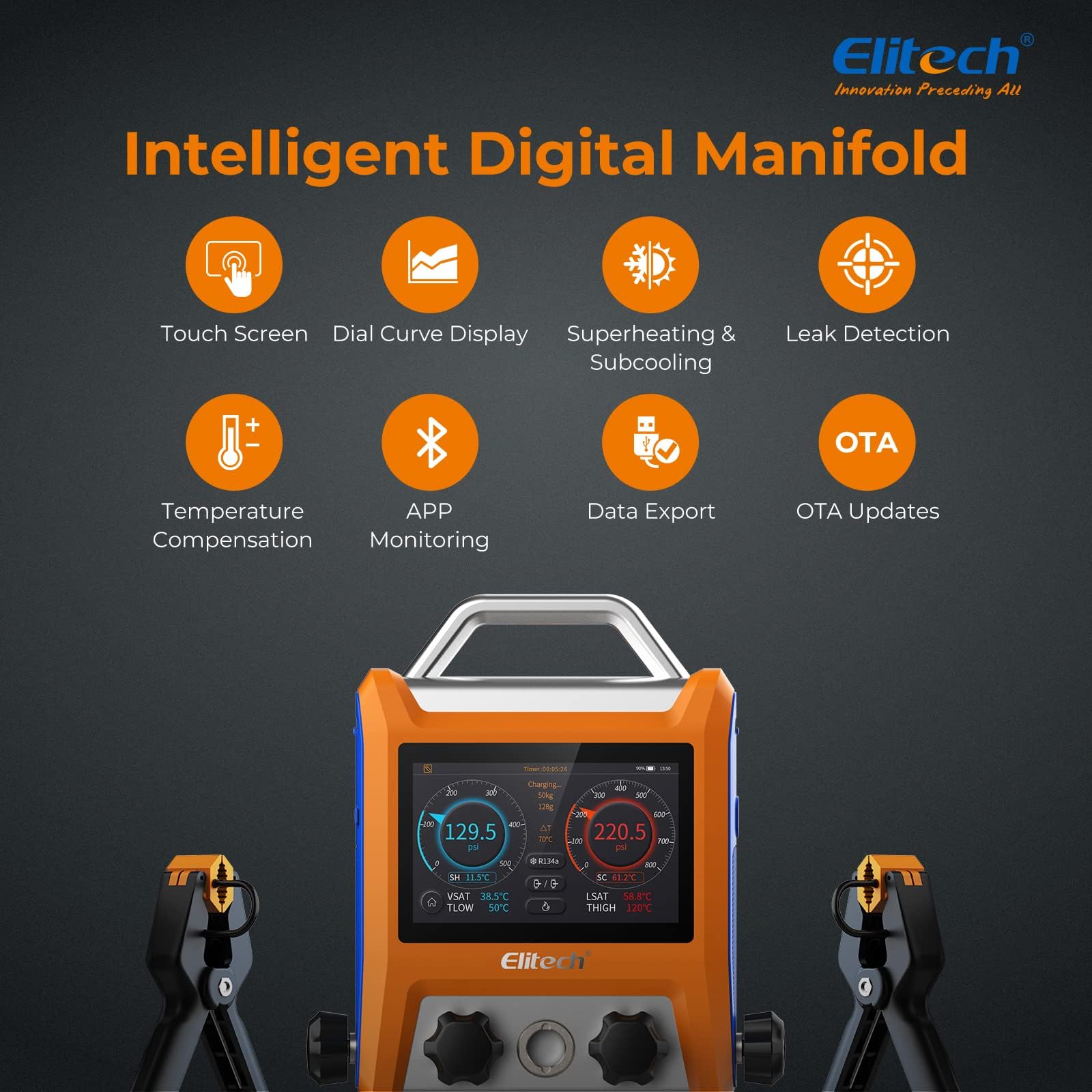 Elitech Manometr HVAC Inteligentny Czterodrożny EMG-40V - Precyzyjny Pomiar Ciśnienia I Temperatury, Kompatybilność Z Wieloma Czynnikami Chłodniczymi, Wyświetlanie Krzywych