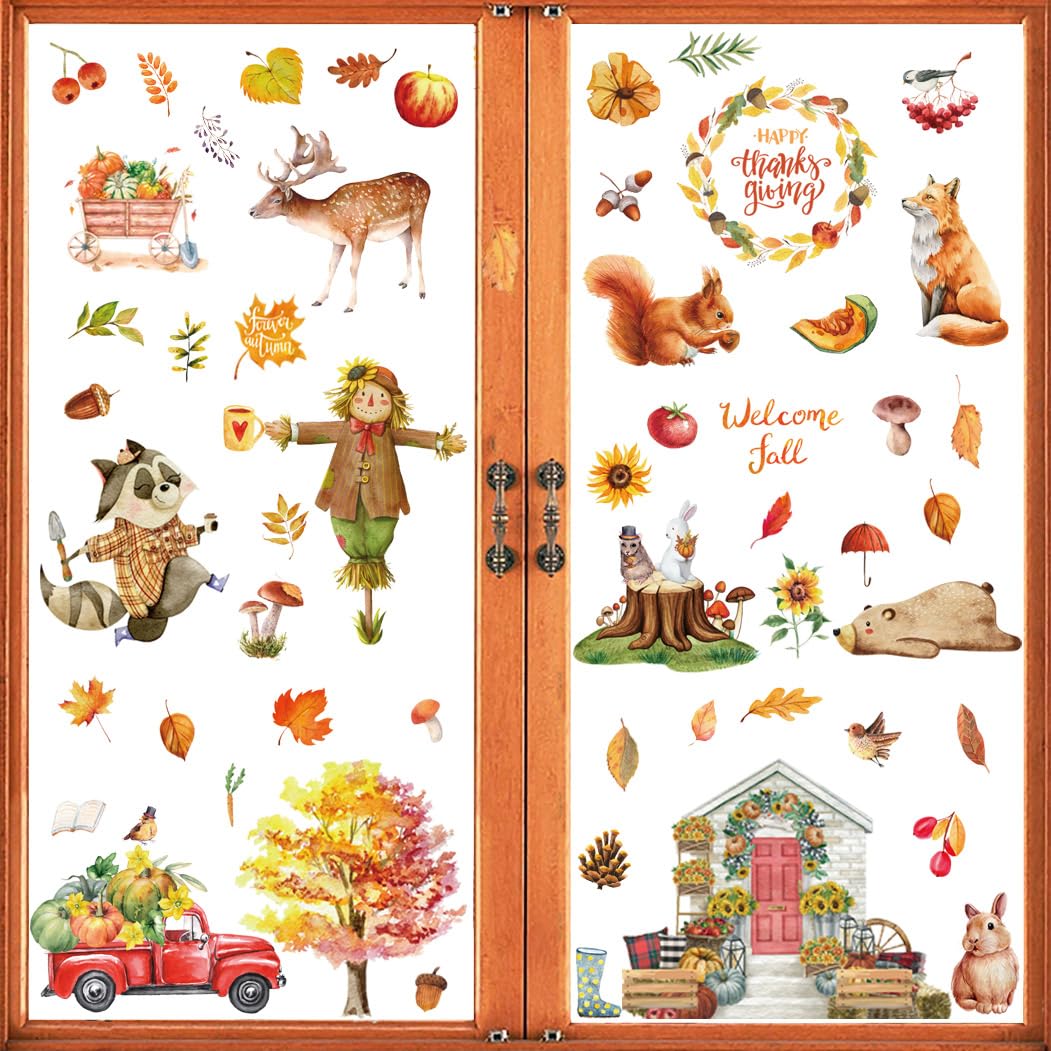 Whaline Herbst-Fensteraufkleber – 9 Stück, Aquarell-Zwerge Mit Blättern & Kürbissen, 20 X 30 Cm, PVC
