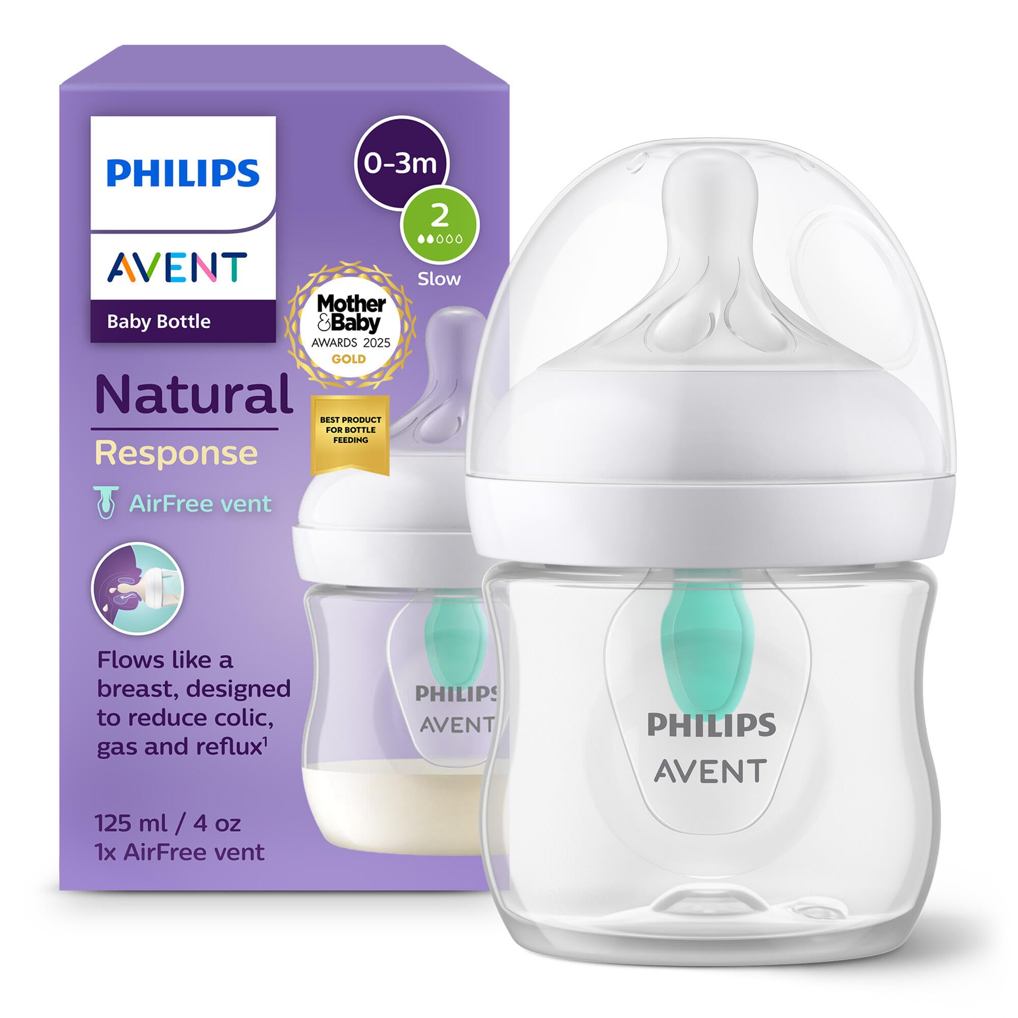 Philips Avent Natural Response Baby Bottle - 125ml Baby Milk Bottle with AirFree Vent, BPA Free for Newborn Babies Aged 0 Months+ (Model SCY670/01)