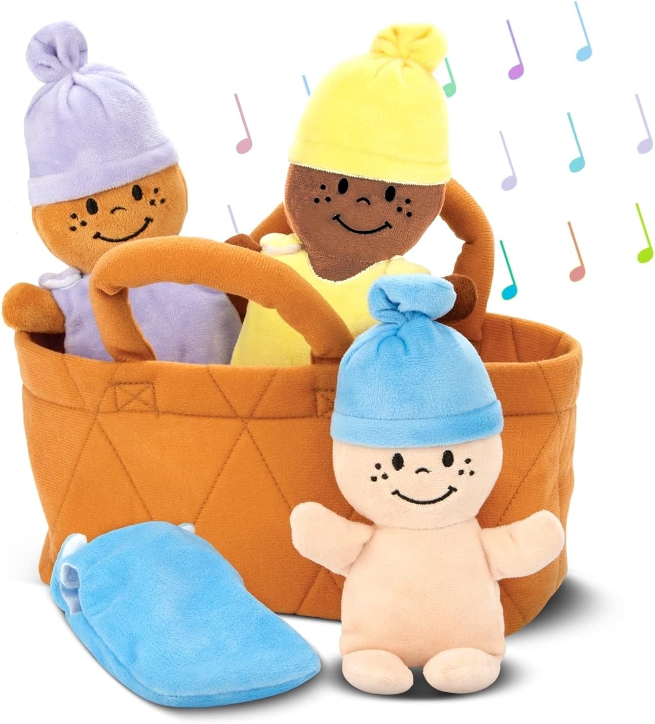 Bundaloo Basket of Babies with Realistic Giggling Sounds - Plush Baby Doll Set with Carrier - 3 Multicultural Dress Up Dolls Playset