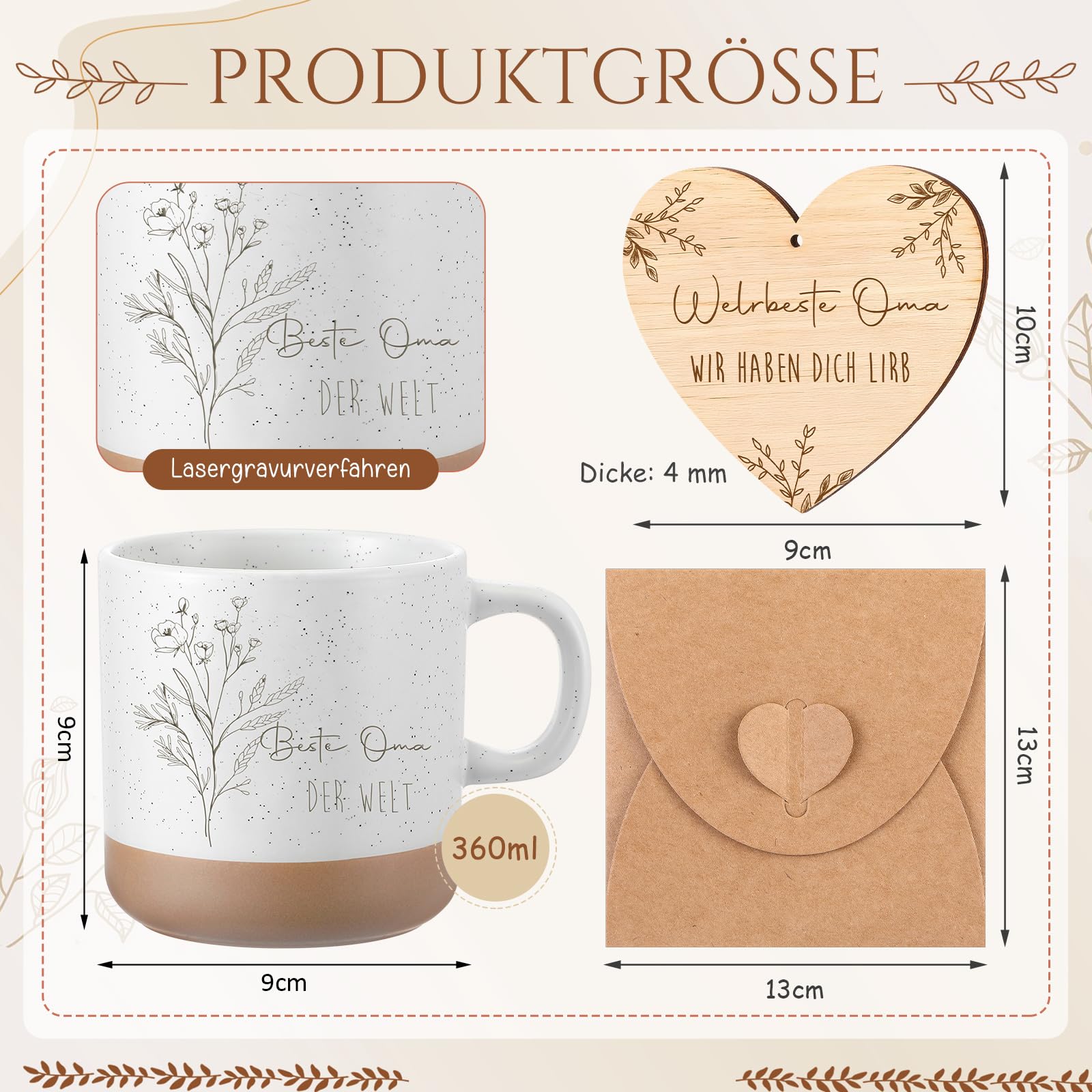 Geiserailie Oma Geschenke Beste Oma Der Welt Holztablett mit Gravur Tasse Herz Holzschild Anhänger Umschlag Geschenk für Großmutter von Enkel zum Geburtstage Weihnachten Jahrestag Muttertag