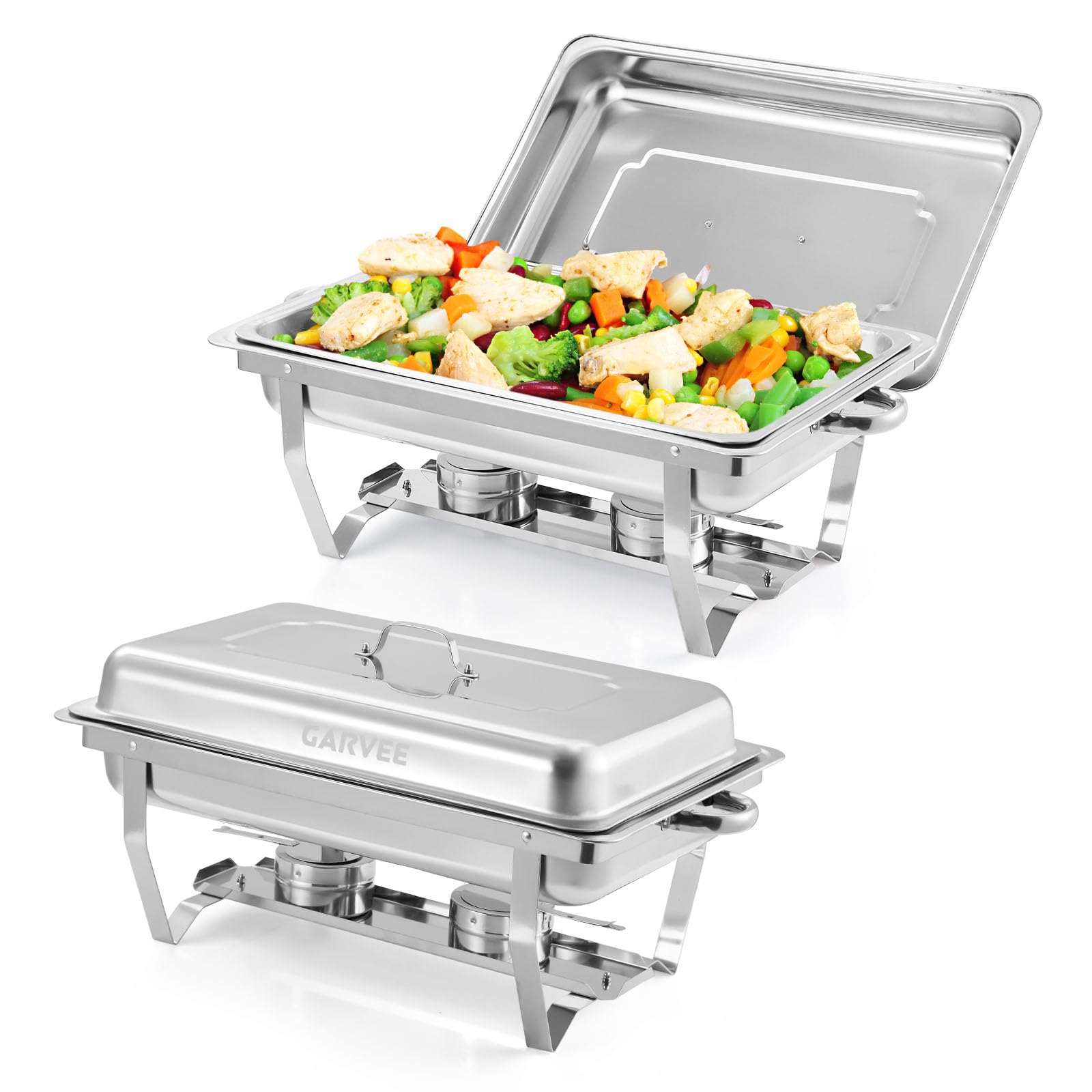 Garvee Chafing Dishes for Buffet Set of 2, 8Qt Stainless Steel Chafers and Buffet Warmers Set with Lid, Rectangular Chafing Dishes for Parties, Serving Food Warmer for Wedding Banquet Catering, Silver