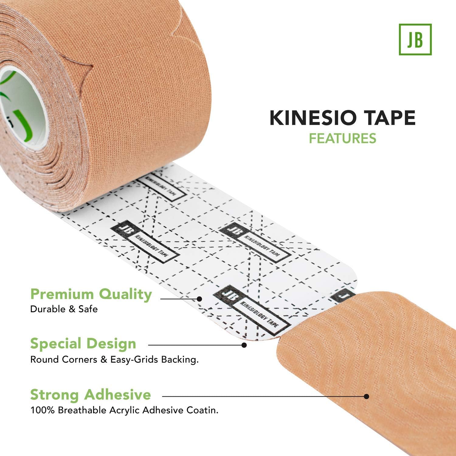 JB Kinesiology Tape - 2”x10” PreCut Strips (4 Rolls/80 Strips)- JuneBugz Muscle Tape Helps with Pain & Recovery- JB Elastic Tape Supports Ankles,Back,Wrist,Shoulders+Bonus Scissors (Beige) : Health & Household