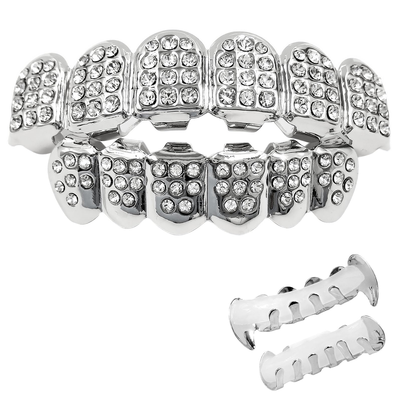 ACnuov Adjustable Silver Diamond Grillz Set for Teeth Hip Hop Jewelry