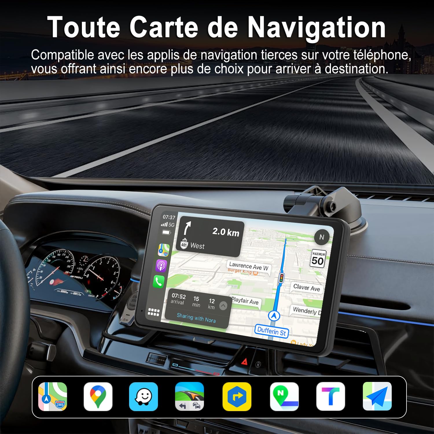 CarPlay Voiture, Portable Autoradio CarPlay & Android Auto sans Fil, Stéréo de Voiture 7 Pouces Écran Tactile avec GPS Navigation, Contrôle Vocal, Bluetooth Appels avec Mains Libres, FM, MirrorLink