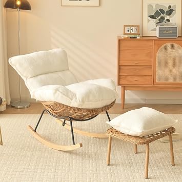 Rocking Chair with Ottoman, Upholstered Glider Rocker with High Backrest, Teddy Fabric Padded Seat, Accent Rocker Padded Armchair for Indoor Living Room Bedroom