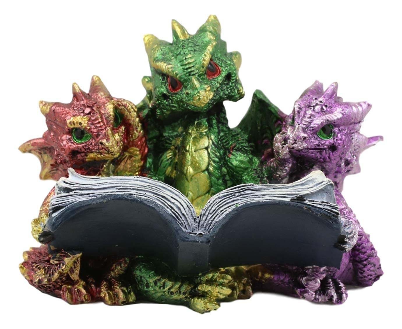 Metallic Colorful Three Bookworms Baby Dragons Reading Scholastic Book Statue Whimsical Hatchlings Wyrmlings Figurine As Myths and Legends Fantasy Decor Medieval Renaissance Arts
