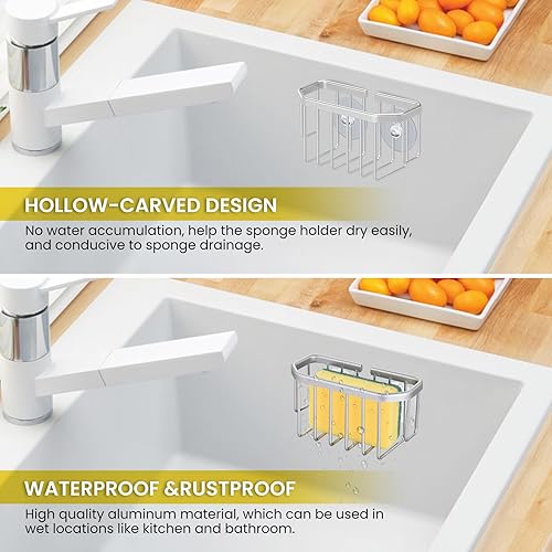 Miniatura 3 de Sanduby Soporte de esponja para fregadero de cocina, soporte de esponja con ventosas, soporte de esponja de cocina plateado, soporte de esponja de