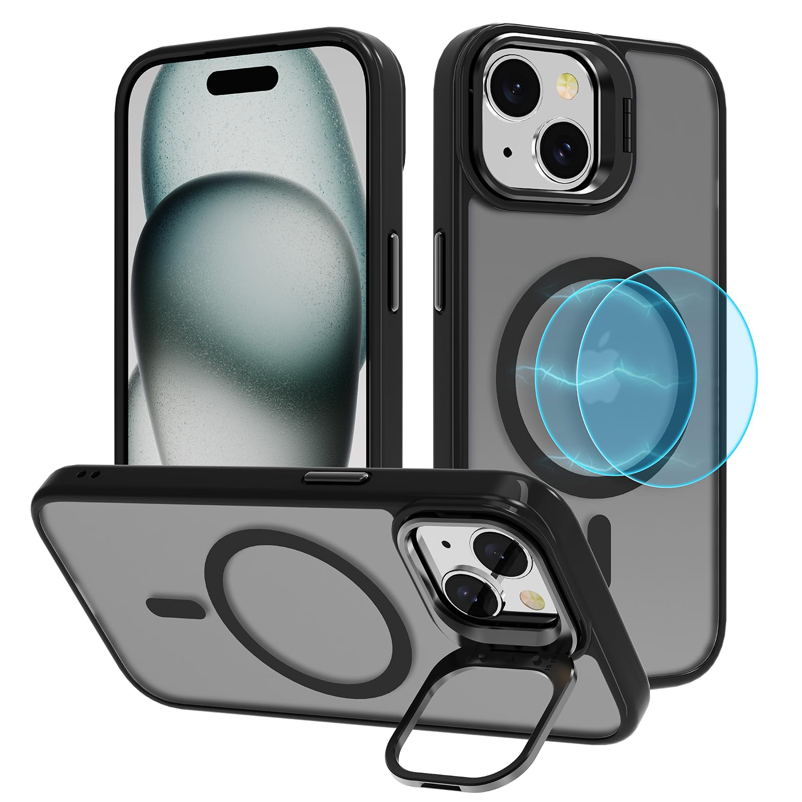 Jasmeas Magnetic for iPhone 15 Plus Case with Stand, Compatible with MagSafe, Scratch-Resistant Translucent Matte Back Protective Cover Camera