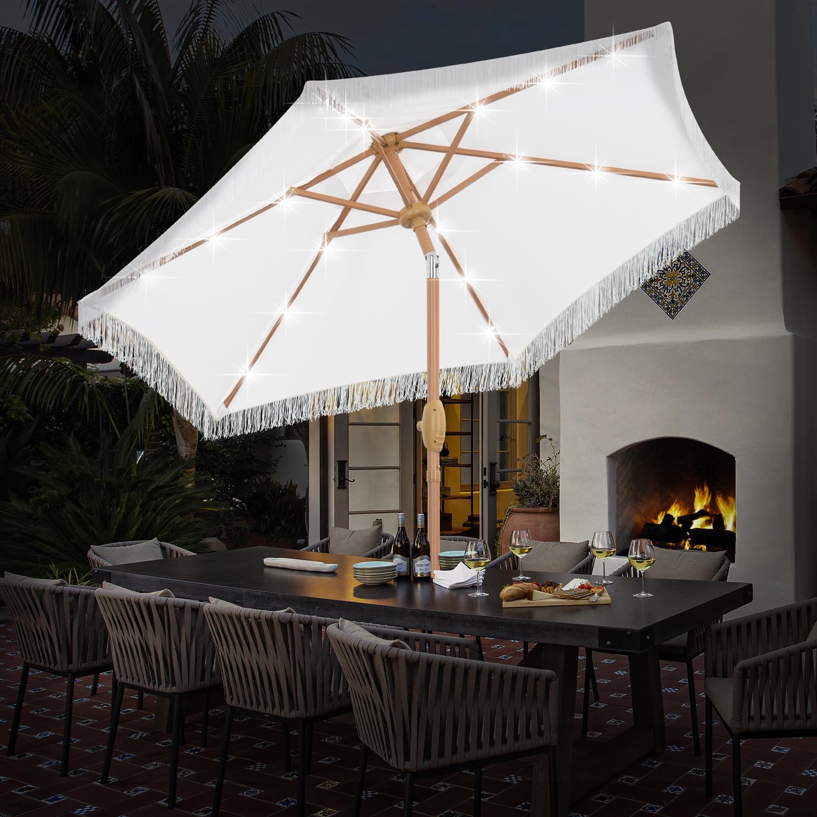 Wonlink 7.5 FT Patio Umbrella with Fringe and 18 LED Lights, Outdoor Tassel Beach Umbrella, Table Market Umbrellas with Crank