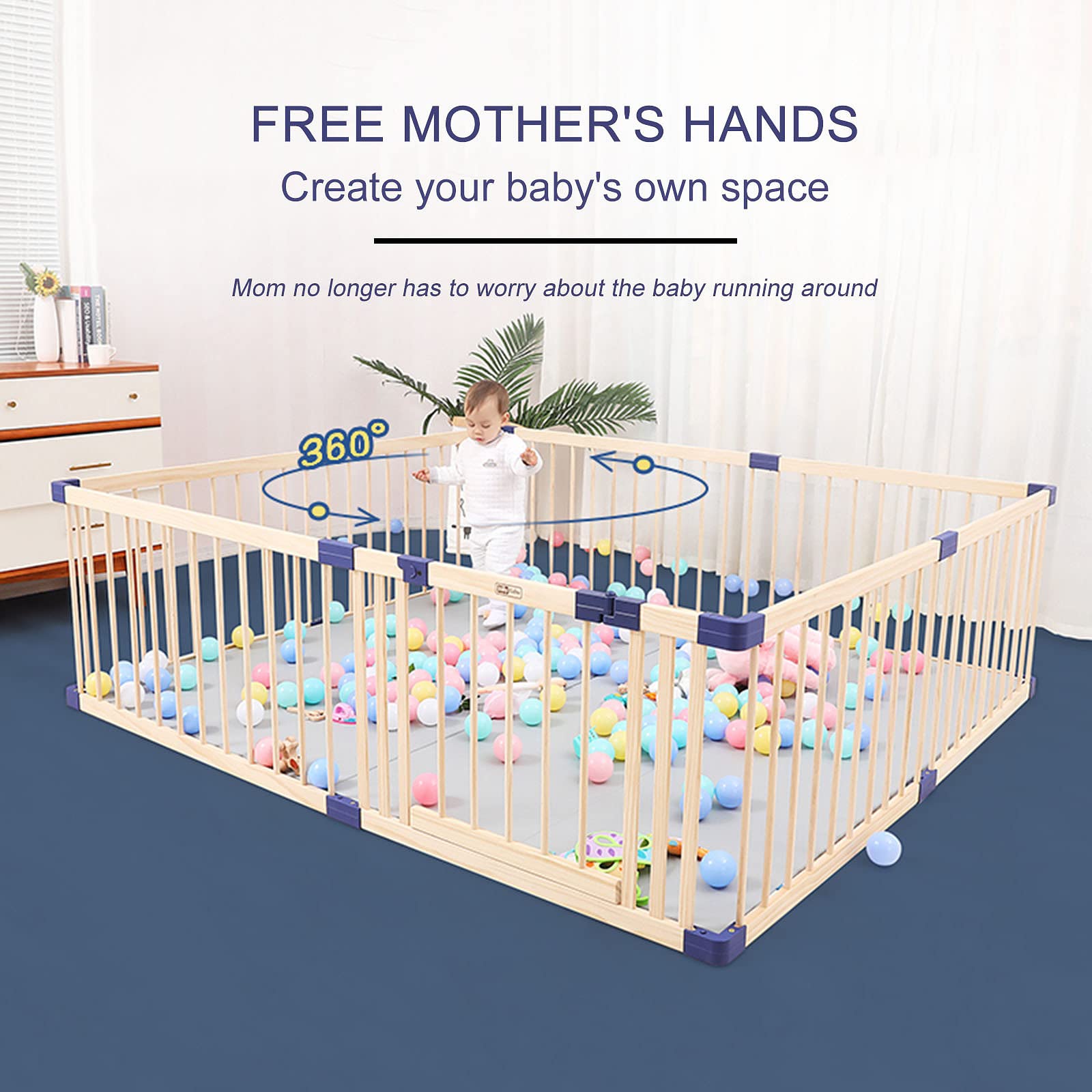 Jolan Baby Playpen Large, Wooden Baby Fence with Door, Easy to Install and Remove, Child Safety Safety Playard Playpen, Indoor/Outdoor, Crawling Fence, 61cm High, Many Sizes,110×110cm