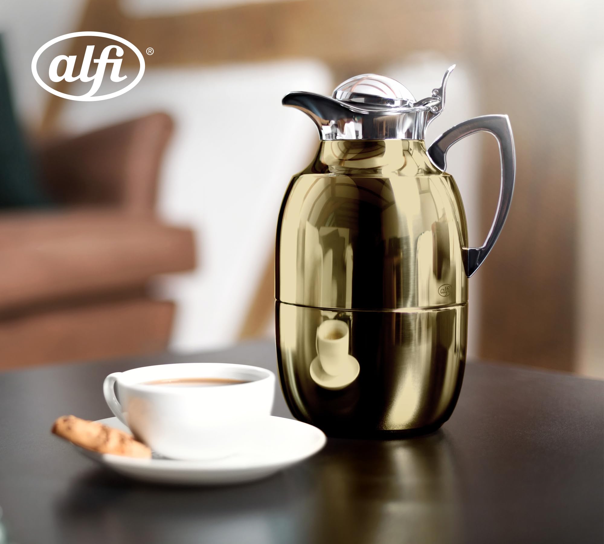 Alfi Juwel Isolierkanne 1,0L | Thermoskanne Edelstahl mit Glaseinsatz | AromaSafe Kaffee & Tee | BPA-frei & nachhaltig | Einhandbedienung | Für Heiß- & Kaltgetränke | Gold plated