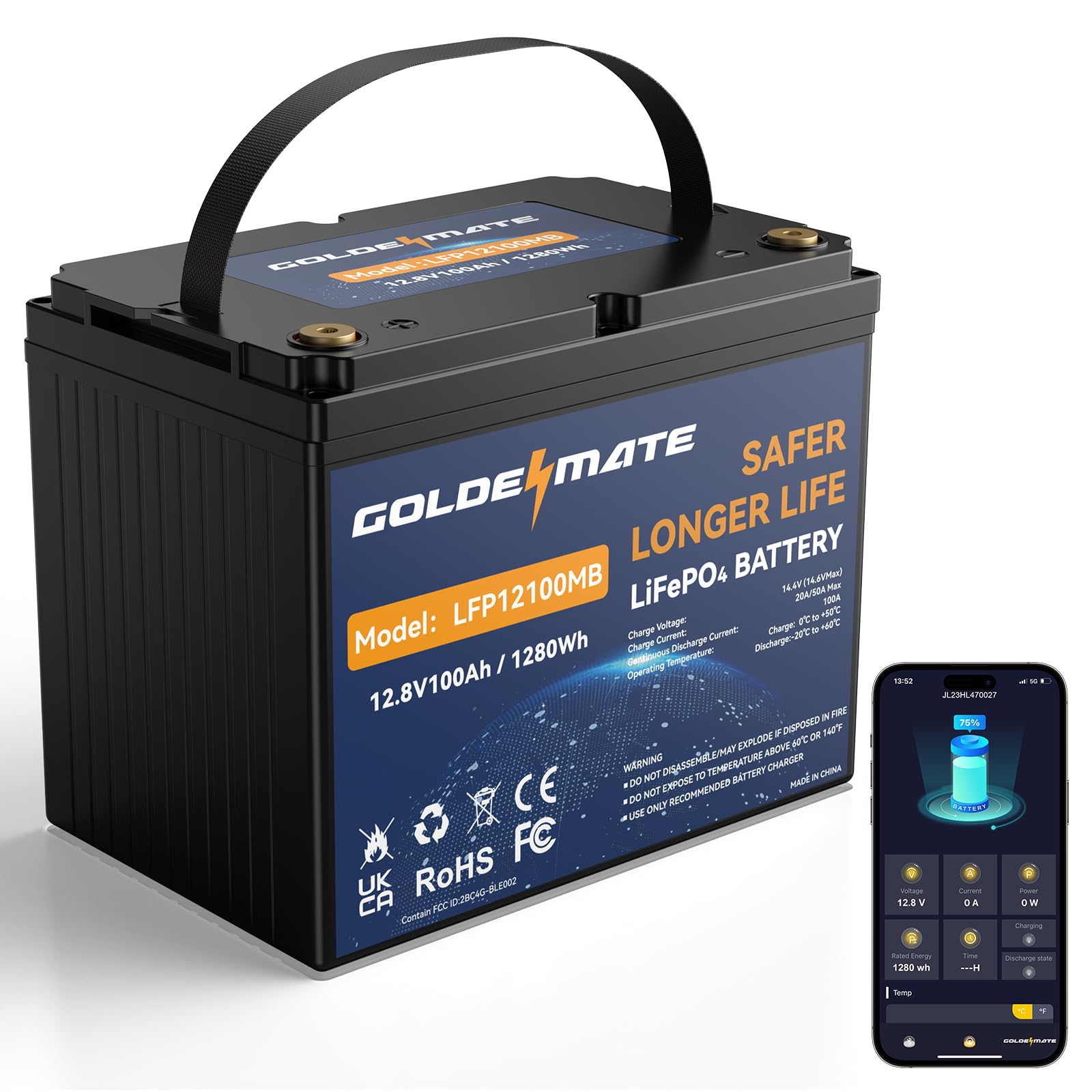 GOLDENMATE 12V 100Ah Group 24 Bluetooth LiFePO4 Battery