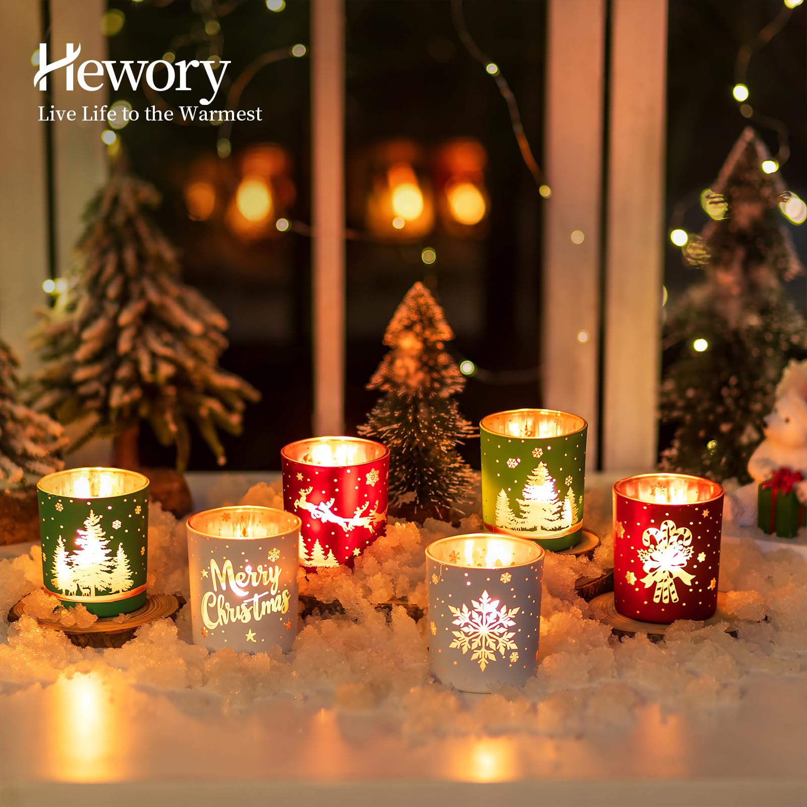 Hewory Lot de 6 bougeoirs votifs de Noël : lot de 6 bougeoirs cylindriques en verre pour centre de table, décoration d'intérieur pour cheminée, fête de vacances