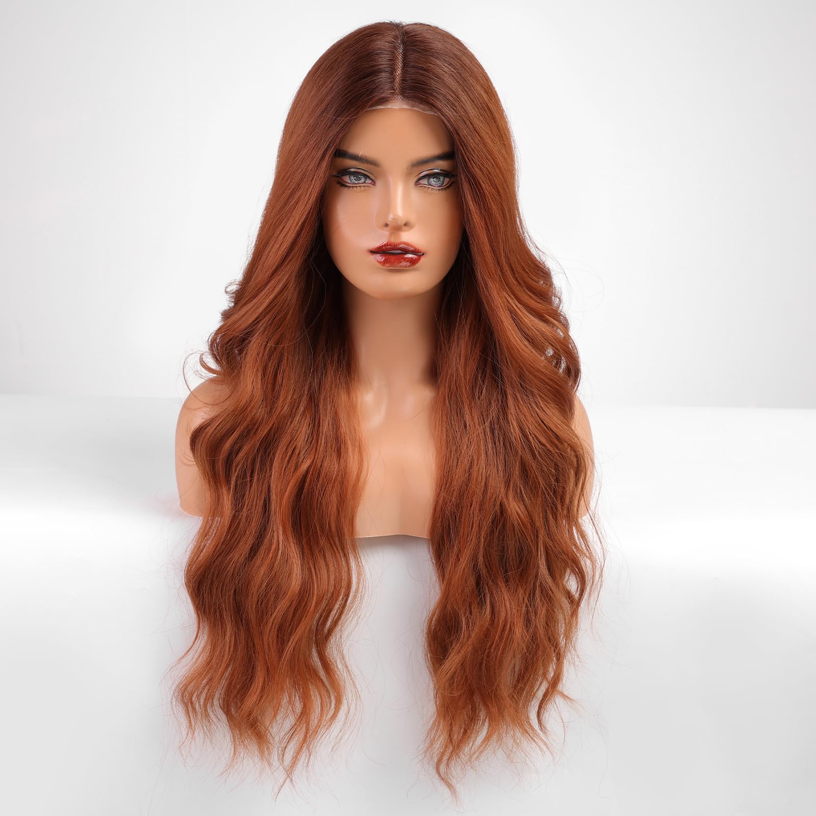 BLONDE UNICORN Auburn Wig for Women, Long Wavy Lace Front Wig, Lace Hairline Synthetic Middle Part Wigs for Daily Party 24IN