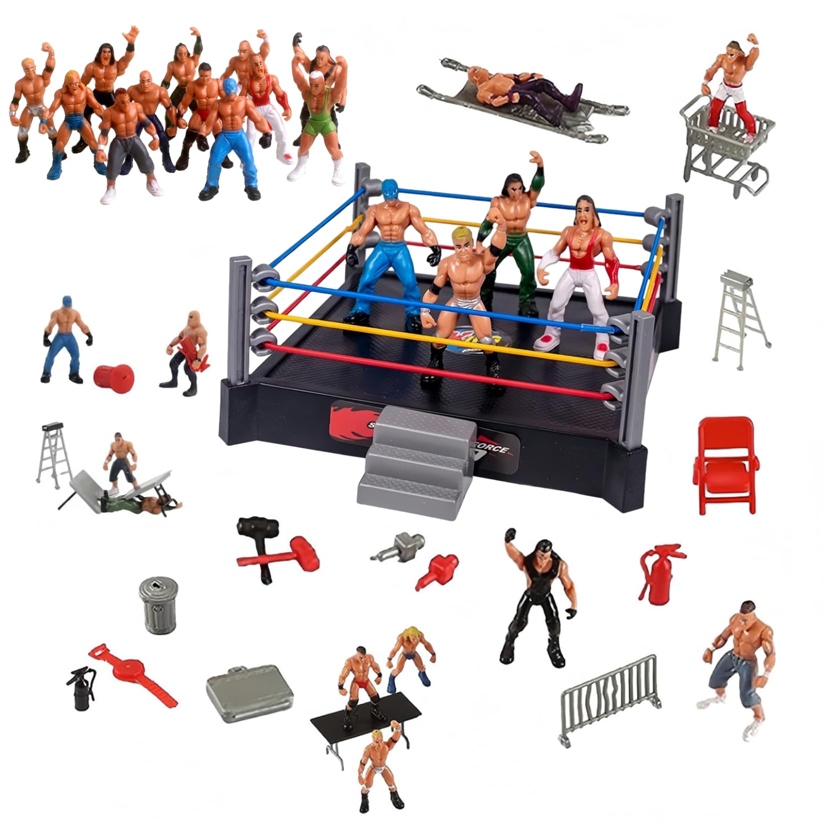 Wrestling Ring Playset with Spring-Loaded Mat and Flexible Ropes - Dynamic Wrestling Ring Toy for Action Figures, Kids and Collectors, Square, Décoration de cour