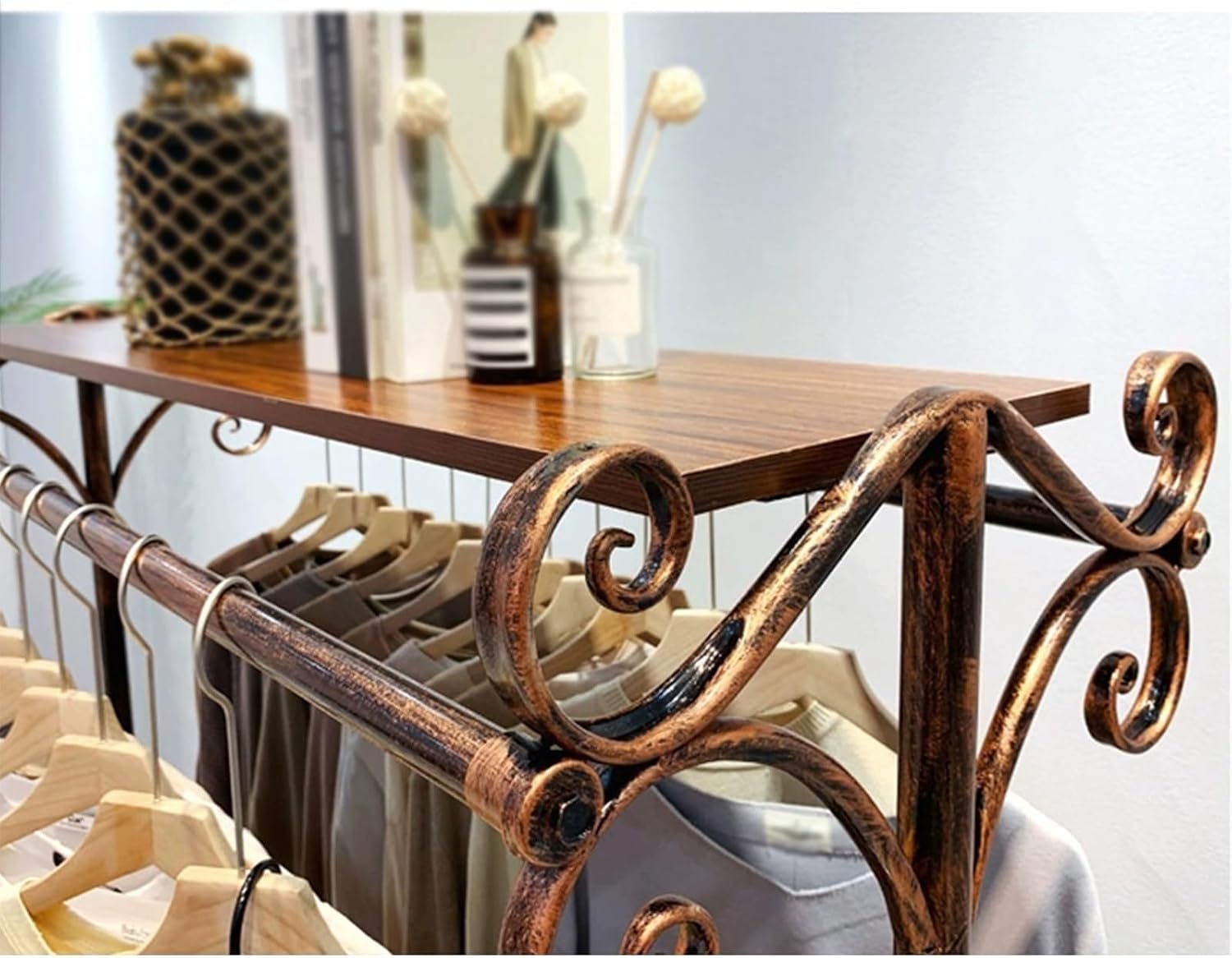Jcgly Vintage Pipe Clothes Rack, Double Rod Clothing Rack, Freestanding Garment Display Stand with Two Shelves, Clothes/Shoe/Bag Organizer for Retail Stores Commercial Use(Bronze,59 inch)