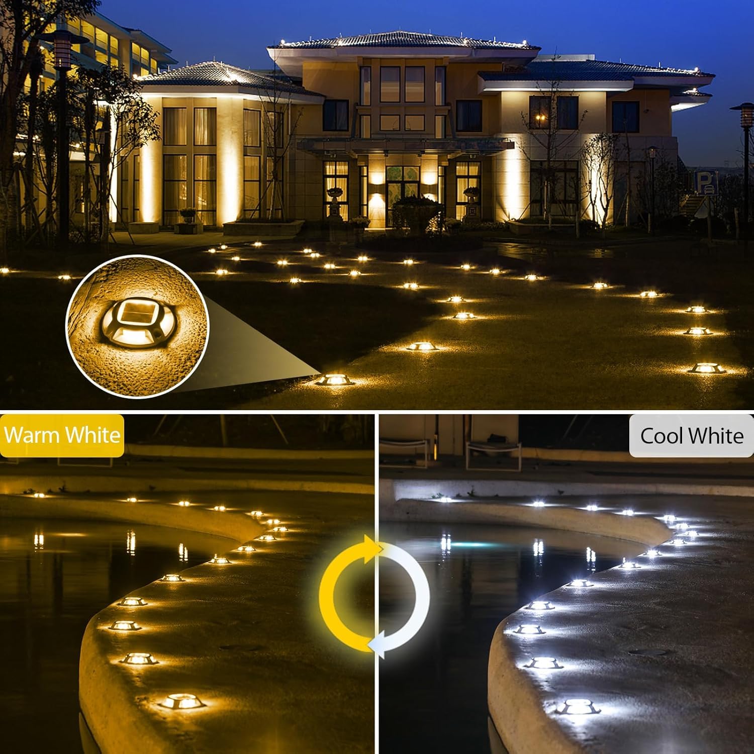 Quntis 8 Pezzi Segnapasso LED Esterno Solare Alluminio, IP68 Impermeabile, Bianco Freddo/Caldo Luci Solari Esterno Giardino, Faretto Solare per Sentieri Piscina Scale Marciapiede