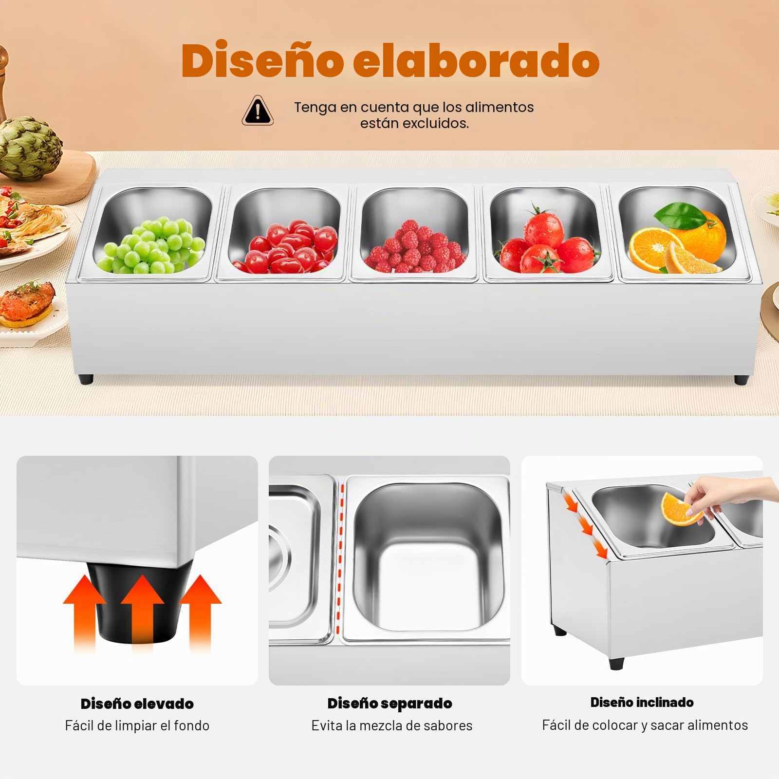 Bandeja Gastronorm - Recipiente de acero inoxidable - Apto para lavavajillas - 5 recipientes 1/6 con 5 tapas a juego - Para restaurantes, cerámica caliente y tiendas de té con leche