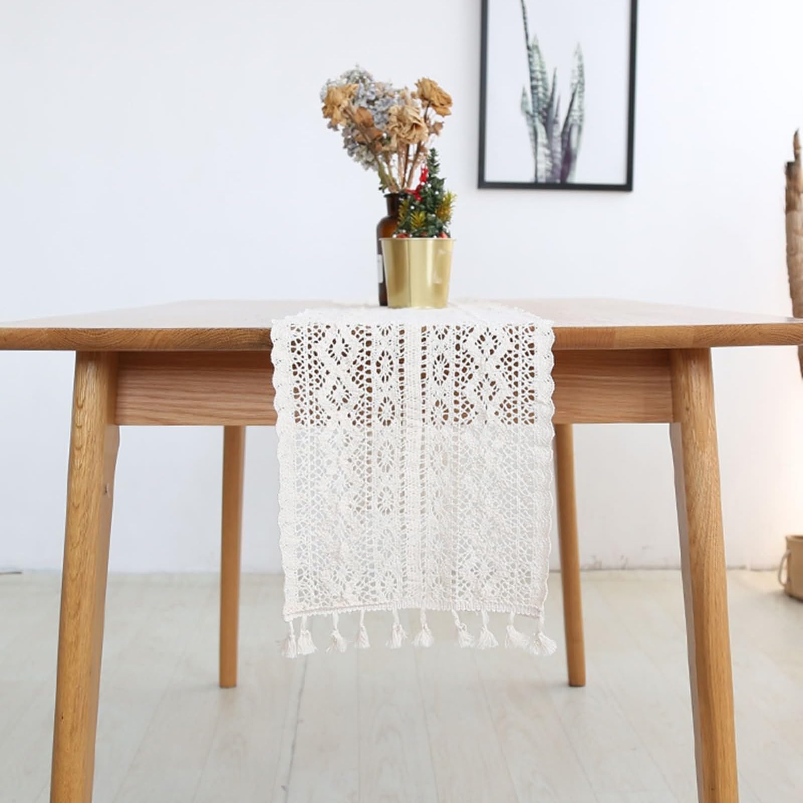 Tischläufer Hochzeit Baumwolle, Tischläufer Schmal Modern 24x200 cm, Hohlgehäkelt mit Quasten, Weiß