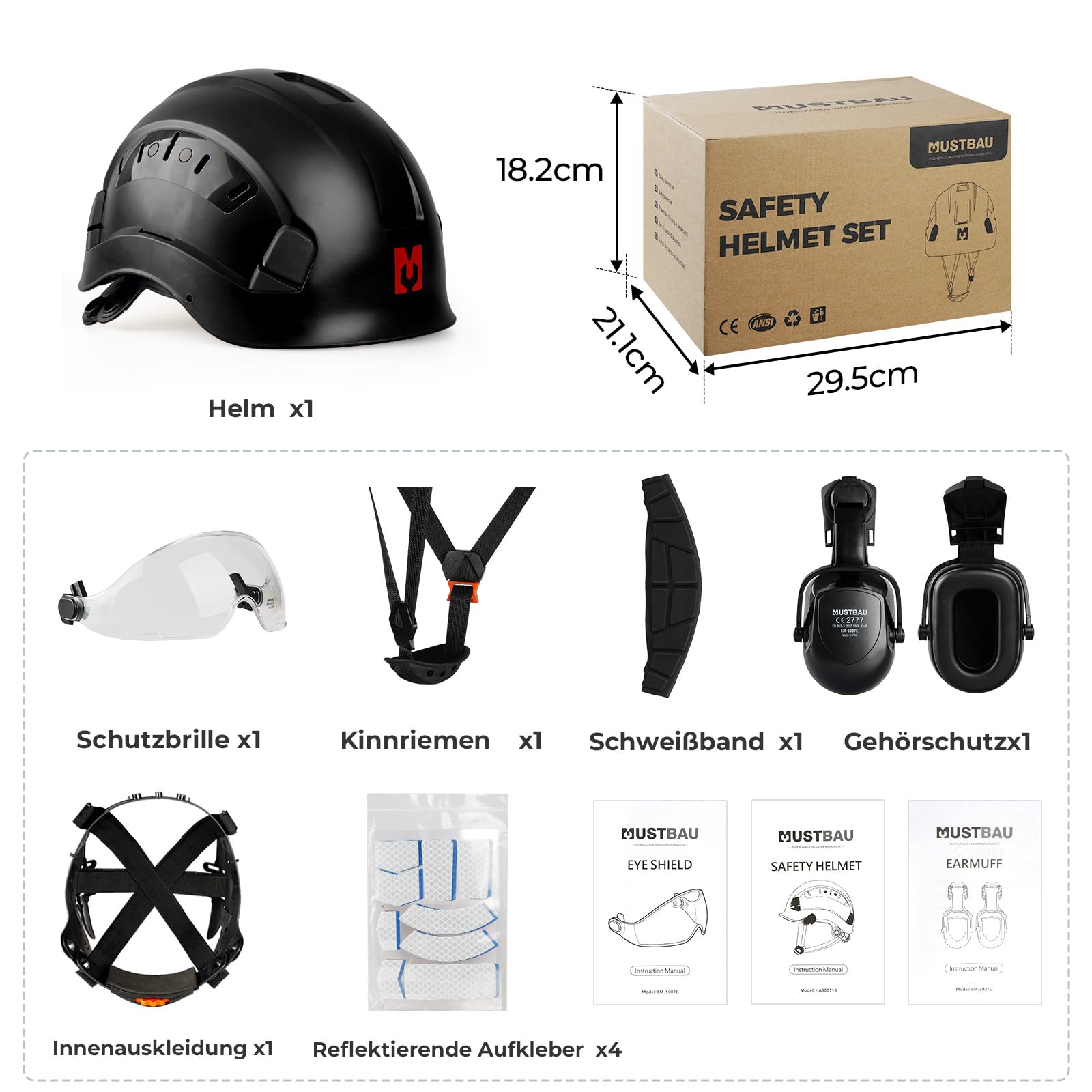 Forsthelm EN397 Bauhelm & Schutzhelm mit Visier und Gehörschützern, ABS-Arbeitshelm für Erwachsene Forstwirtschaft & Baustelle 53-63cm verstellbar