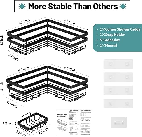 Miniatura 3 de StorageRight Organizador de ducha esquinero, paquete de 3 accesorios de baño adhesivos con soporte para jabón, estante organizador de ducha de acero