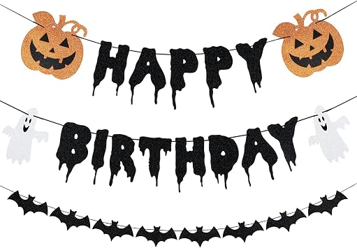 Happy Birthday Halloween Banner and Bat Garland Banner Pumpkin Ghost Halloween Birthday Banner for Happy Birthday Halloween Party Decorations