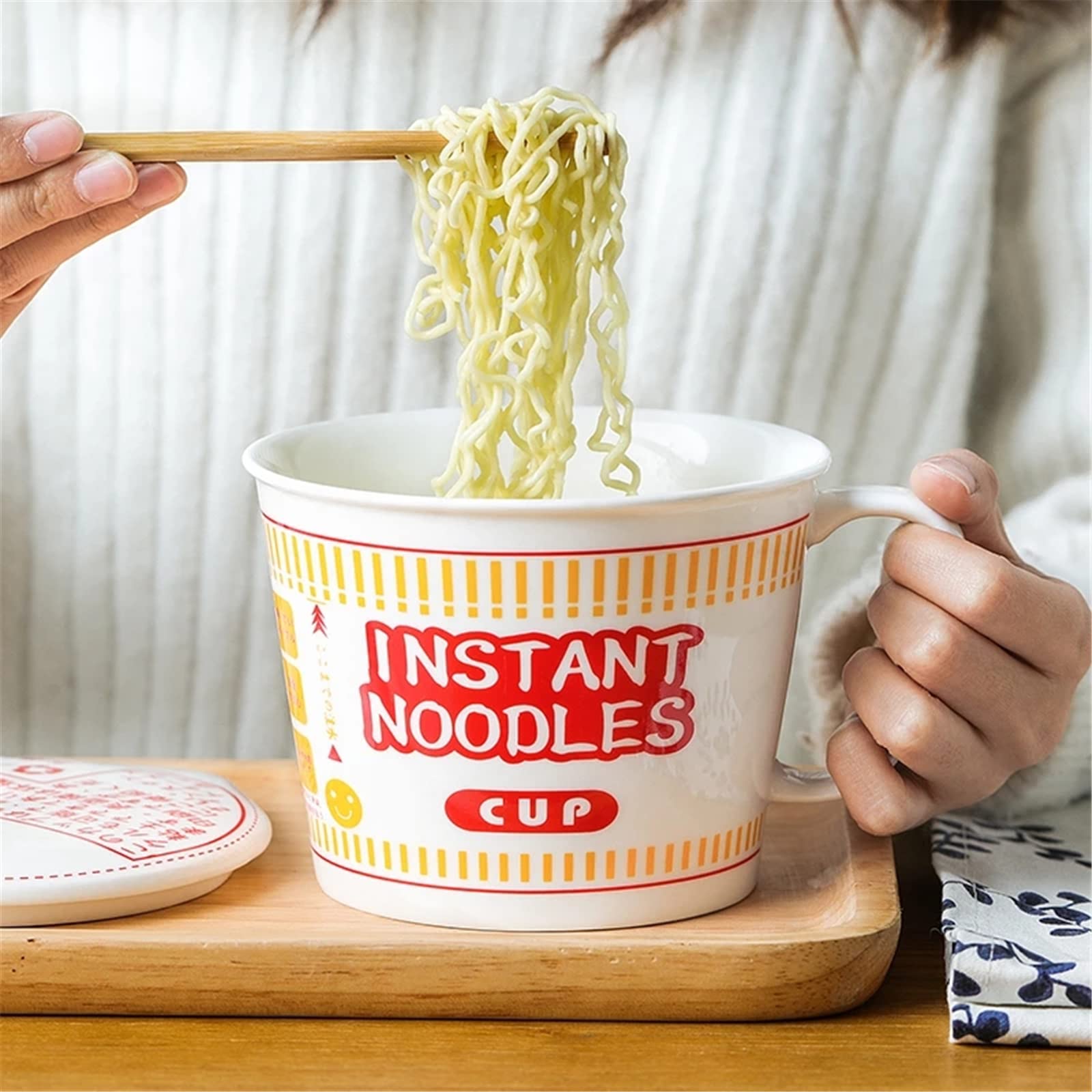 1000ml japanische Instant-Nudelschüssel, Tasse und Schüssel Instant-Nudeln, Mikrowellen-Keramik-Nudeln, Instant-Nudelschüssel mit großem Fassungsvermögen mit Deckel, Geschirr mit Griff