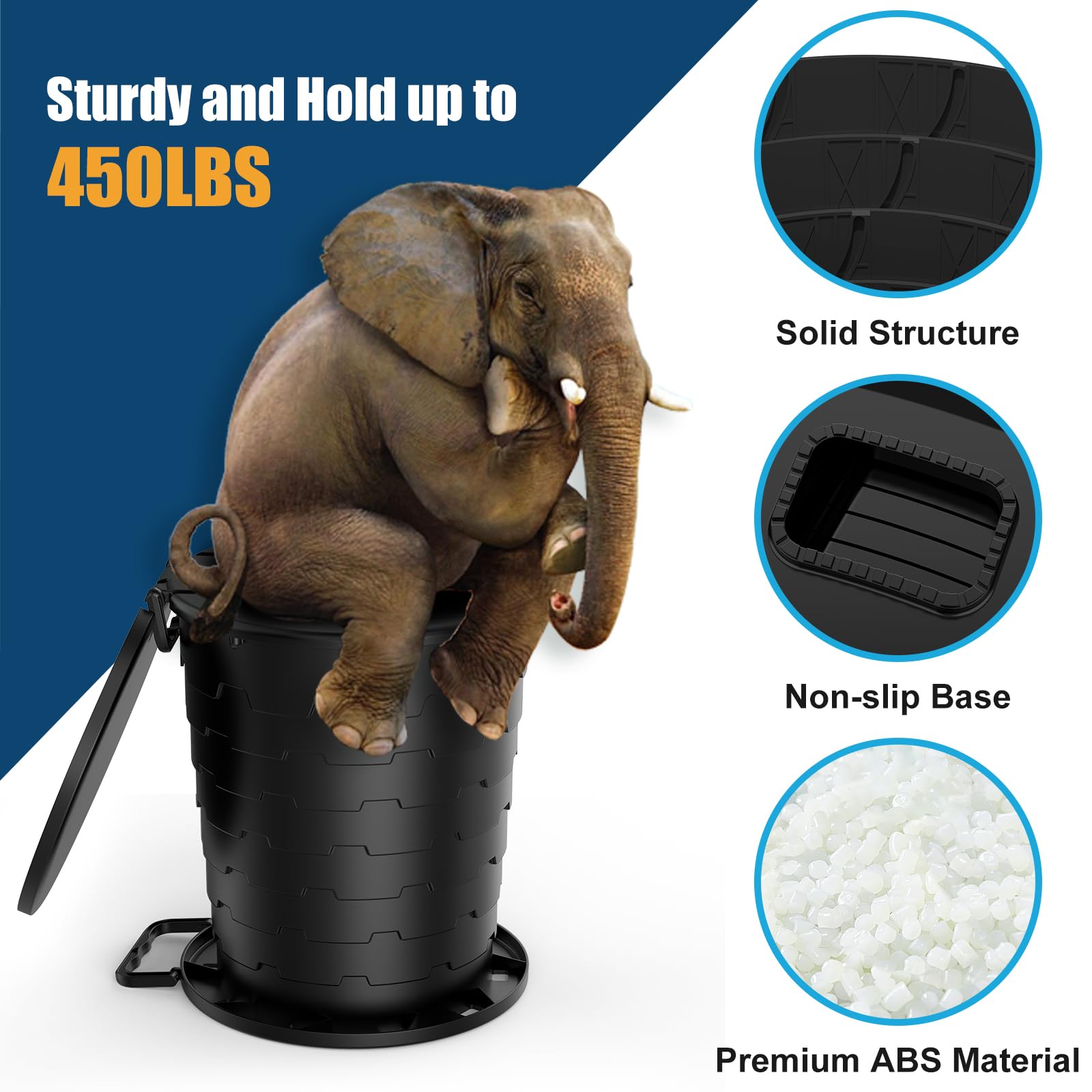 WADEO WC da Campeggio aggiornato, Portatile per Adulti, Pieghevole con Coperchio e portarotolo, Perfetto per Viaggio, Auto (Nero - Tondo - Retrattile)