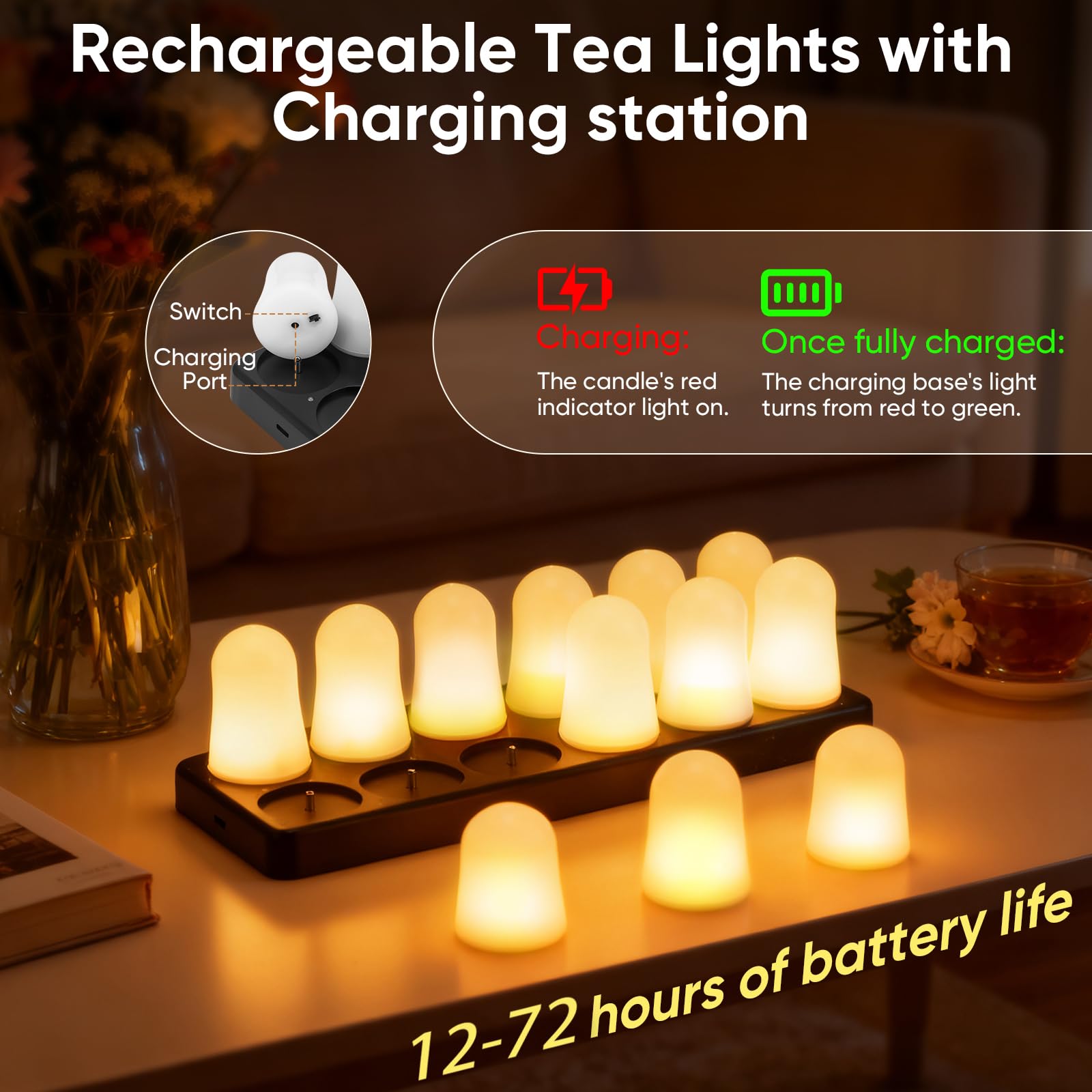 12er Set LED Teelichter Wiederaufladbar mit Ladestation - RGB Flackernde Elektrische Kerzen mit Fernbedienung, Extrem Lange Betrieb - Für Weihnachtsdeko, Tischdeko, Party, Wohnzimmer
