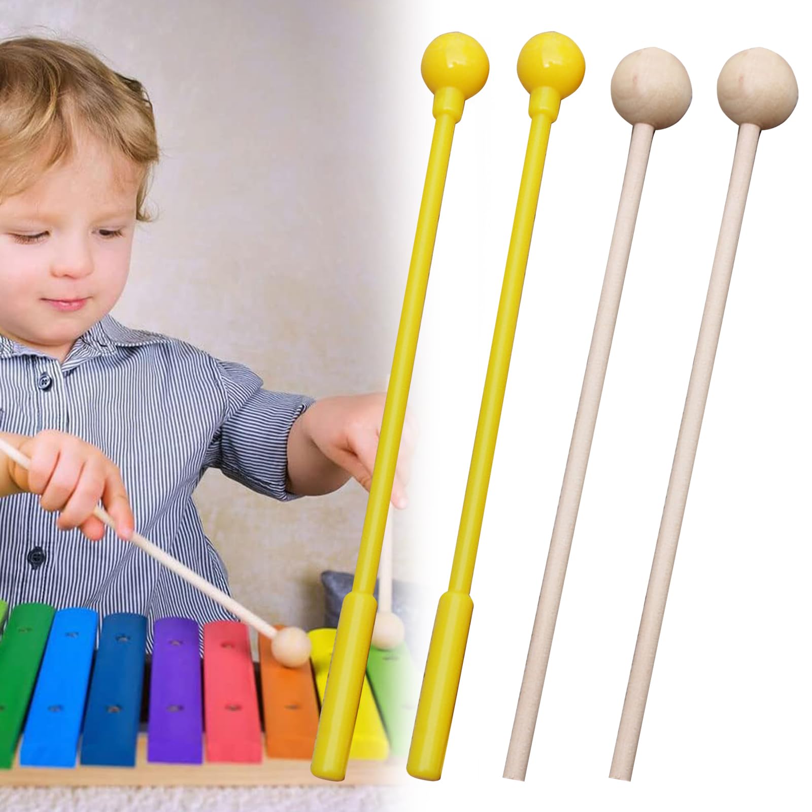 Maglio del Tamburo della Lingua, mazzuole per xilofono, Strumento a percussione, Set di 4 Bacchette in Legno per Bambini, mazzuole in legno per percussioni, Legno Campana Bacchette
