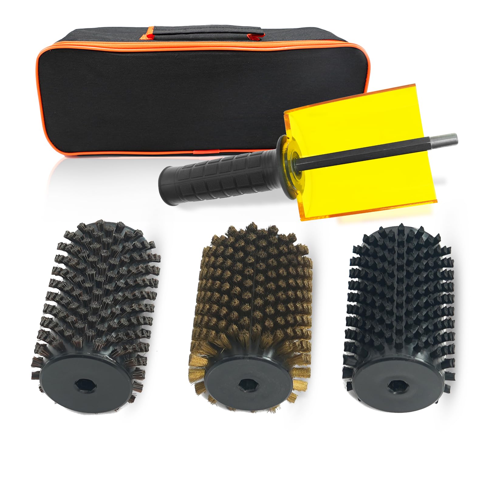 100mm Ski Roto Brush Kit Roto Brush Handle Axle with All 3 Brushes (Brass, Horse Hair and Nylon) with Protector Storage Bag, Handle Ski Rotation Brush Kit Using on Electric Drill