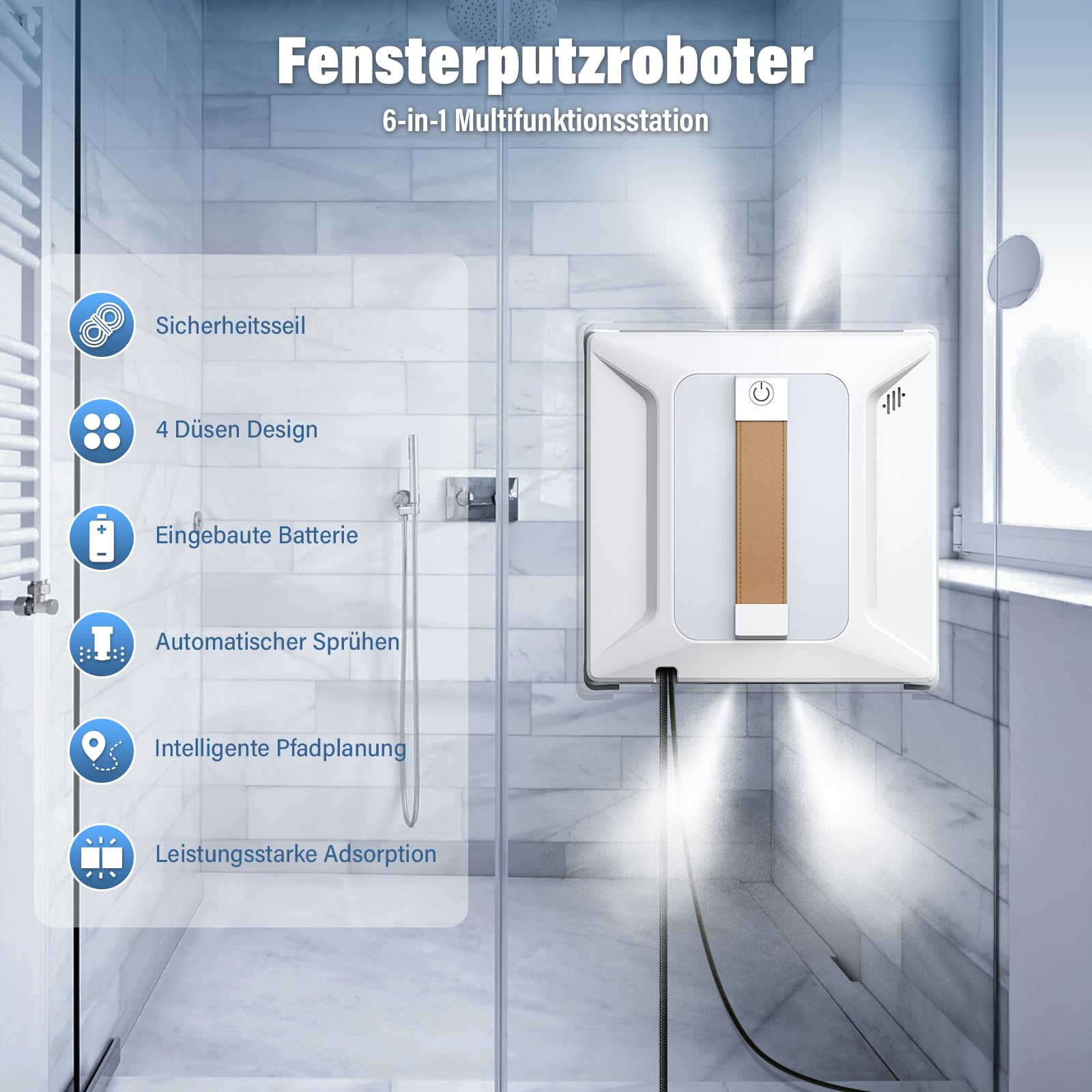 Ehomfory Fensterputzroboter mit Fernbedienung, 6000PA Starke Saugkraft, Automatischem Wasserstrahl mit 100ML Tank, Intelligente Routenplanung, Kantenerkennung, Geeignet für alle Glatten Oberflächen