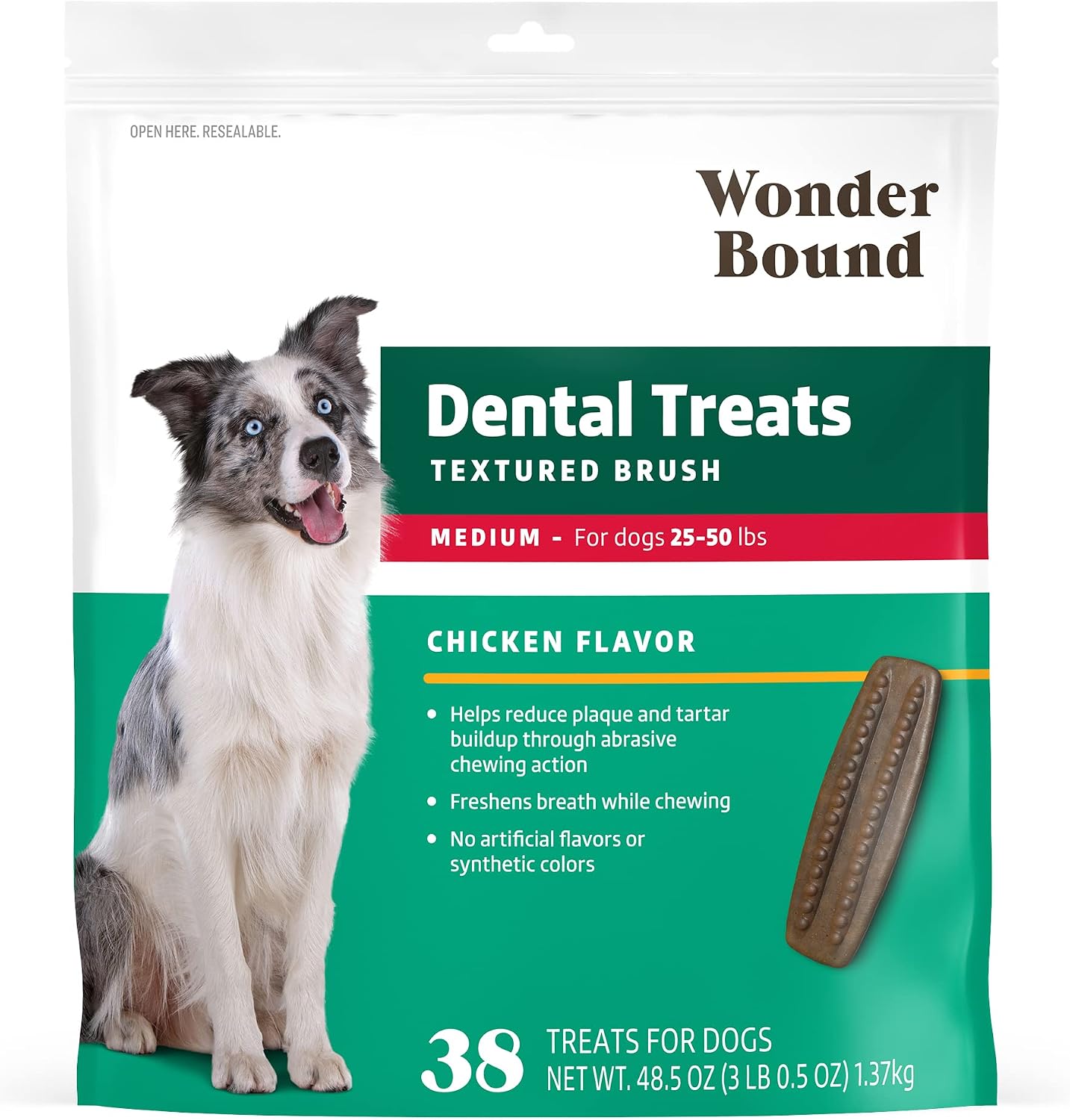 amazon brand - wonder bound dog dental treats for medium dogs (25-50 lbs), real chicken flavor, nubbed texture for plaque & tartar control, freshens breath while chewing, 38 count