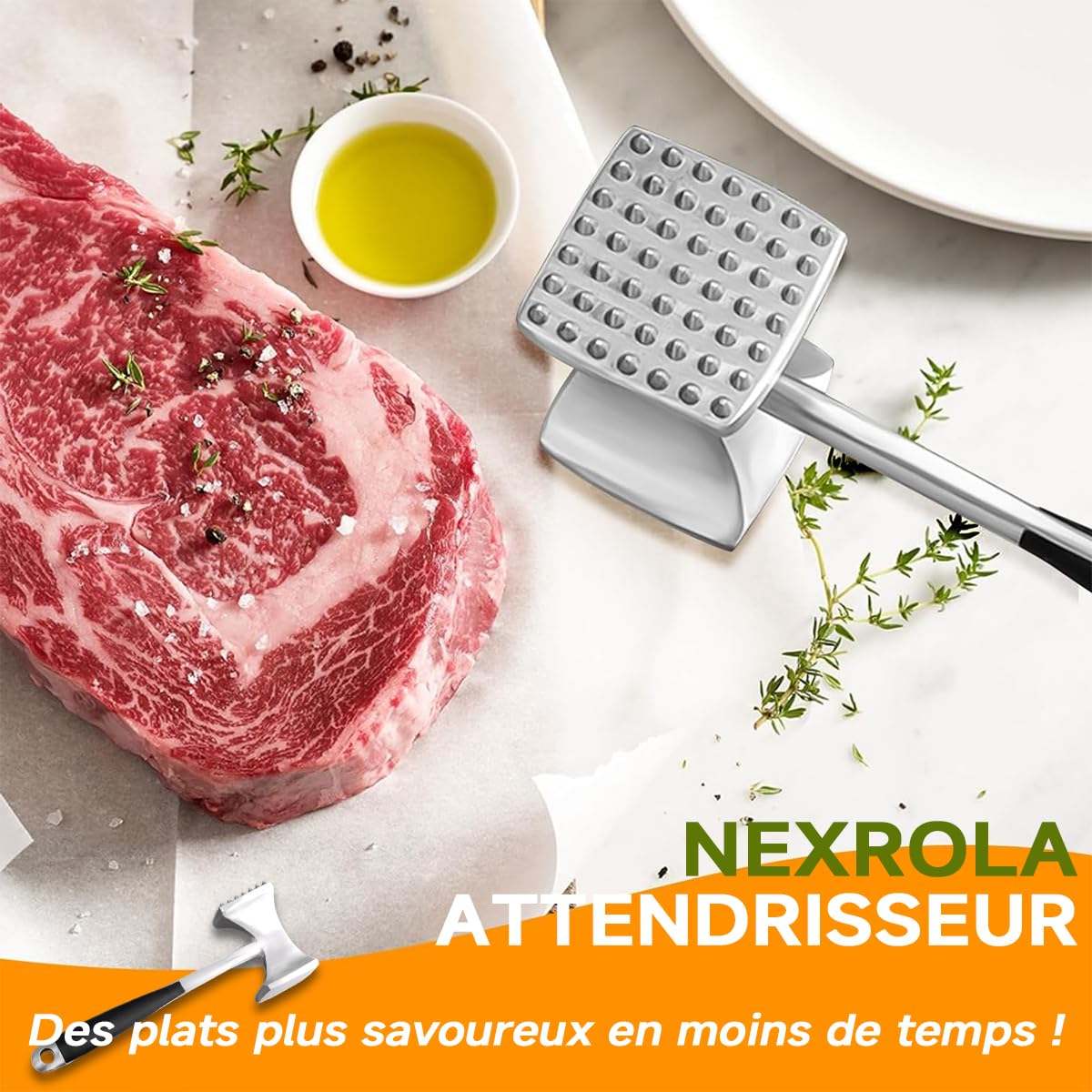 Attendrisseur de Viande Marteau Double Face avec Poignée Antidérapante pour Steak Poulet Côtelettes