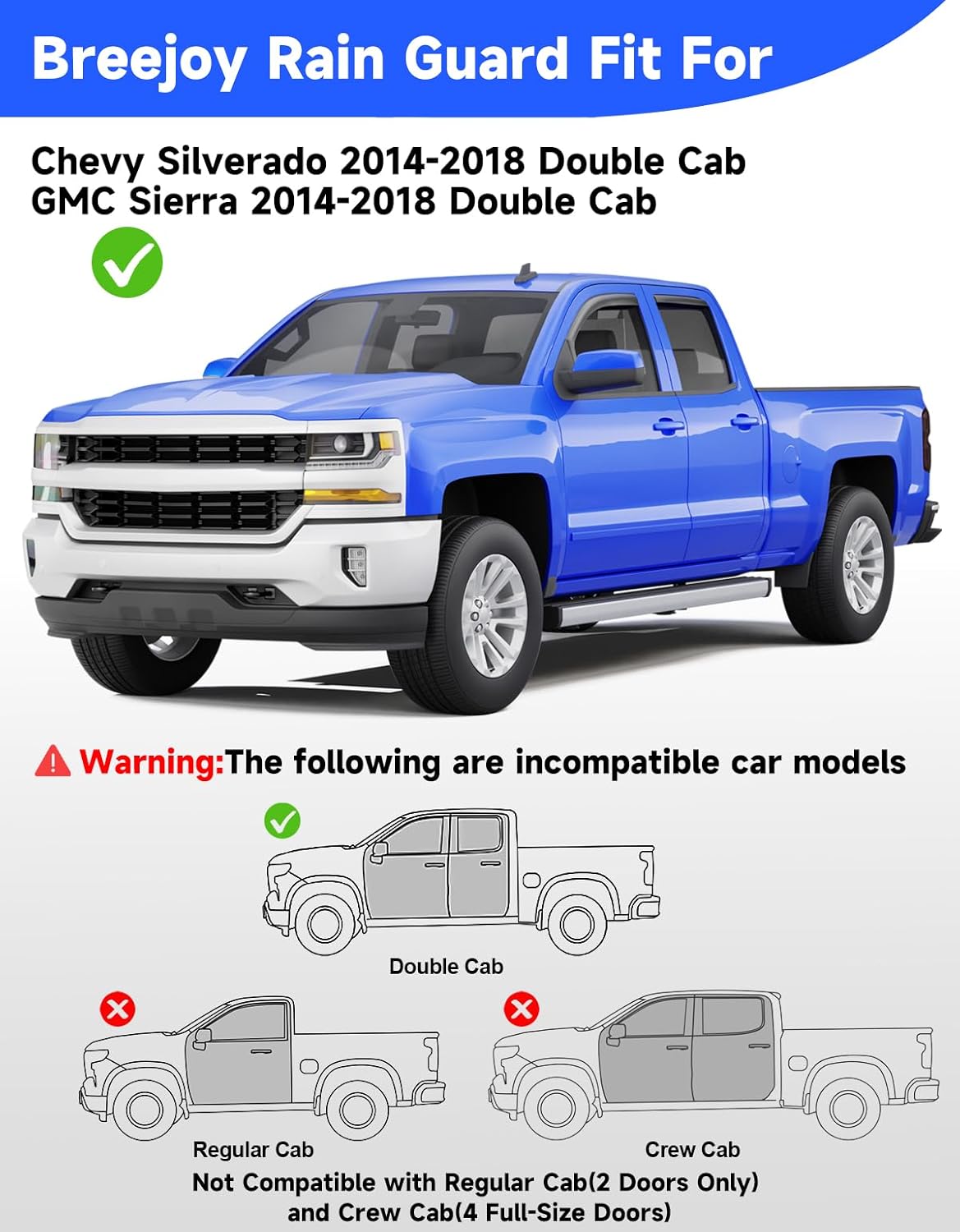 in-Channel Rain Guards Fit for Truck Chevy Silverado/GMC Sierra 2014-2018 Double Cab, Window Rain Guards Visors Vent Visors Window Deflector Vent Shades Car Accessories -4 pcs