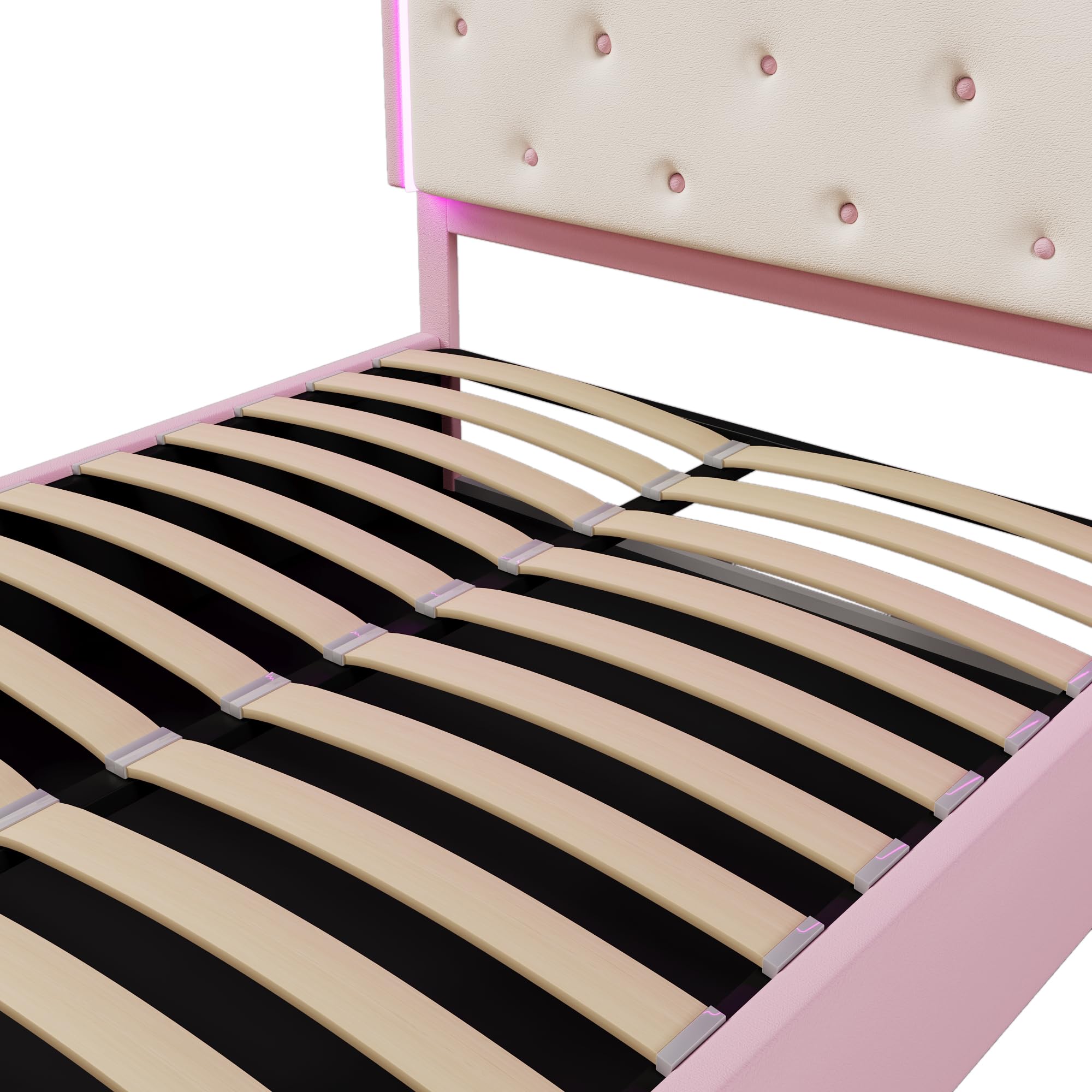 Cama Acolchada 140 x 200 cm,Cama contenedor hidráulico,Cama Individual con luz Ambiental con Mando a Distancia,Forma de Corona de Princesa,Cama con somier,Material PU,para Niños,Rosa