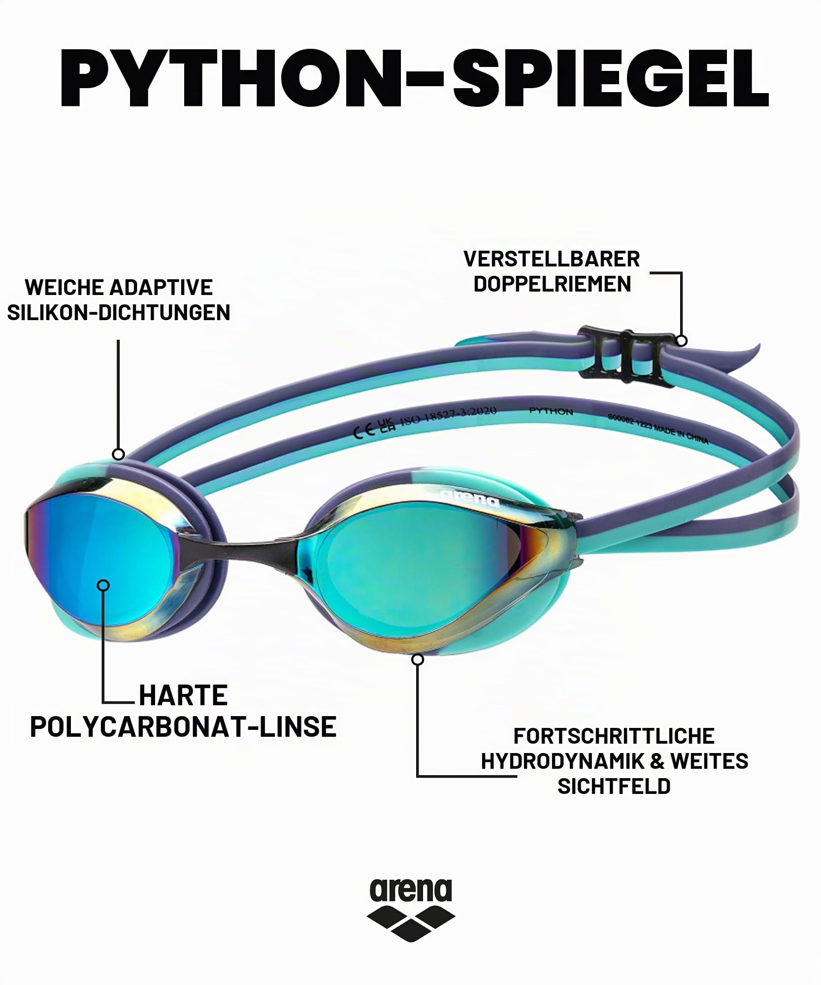 ARENA Unisex Python Racing-Schwimmbrille für Damen und Herren, Anti-Beschlag, keine Undichtigkeit, maximaler Komfort, Doppelriemen, verspiegelte/nicht verspiegelte Gläser