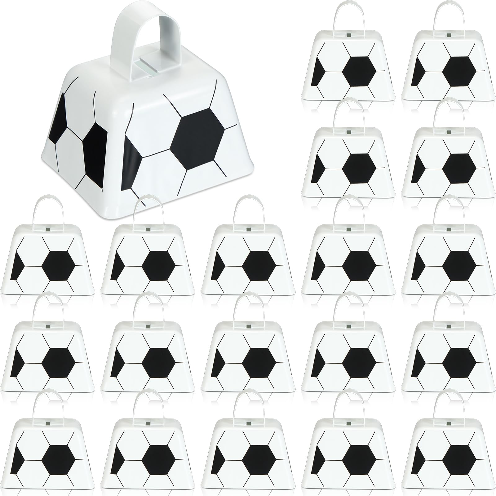 Landhoow 20 Pcs Soccer Cow Bells Noise Maker Metal Cowbell with Handle Novelty Hand Percussion Cowbells for Sporting Events Soccer Games Party Favors Soccer Supplies, 2.95 x 2.36 x 2.95 Inch