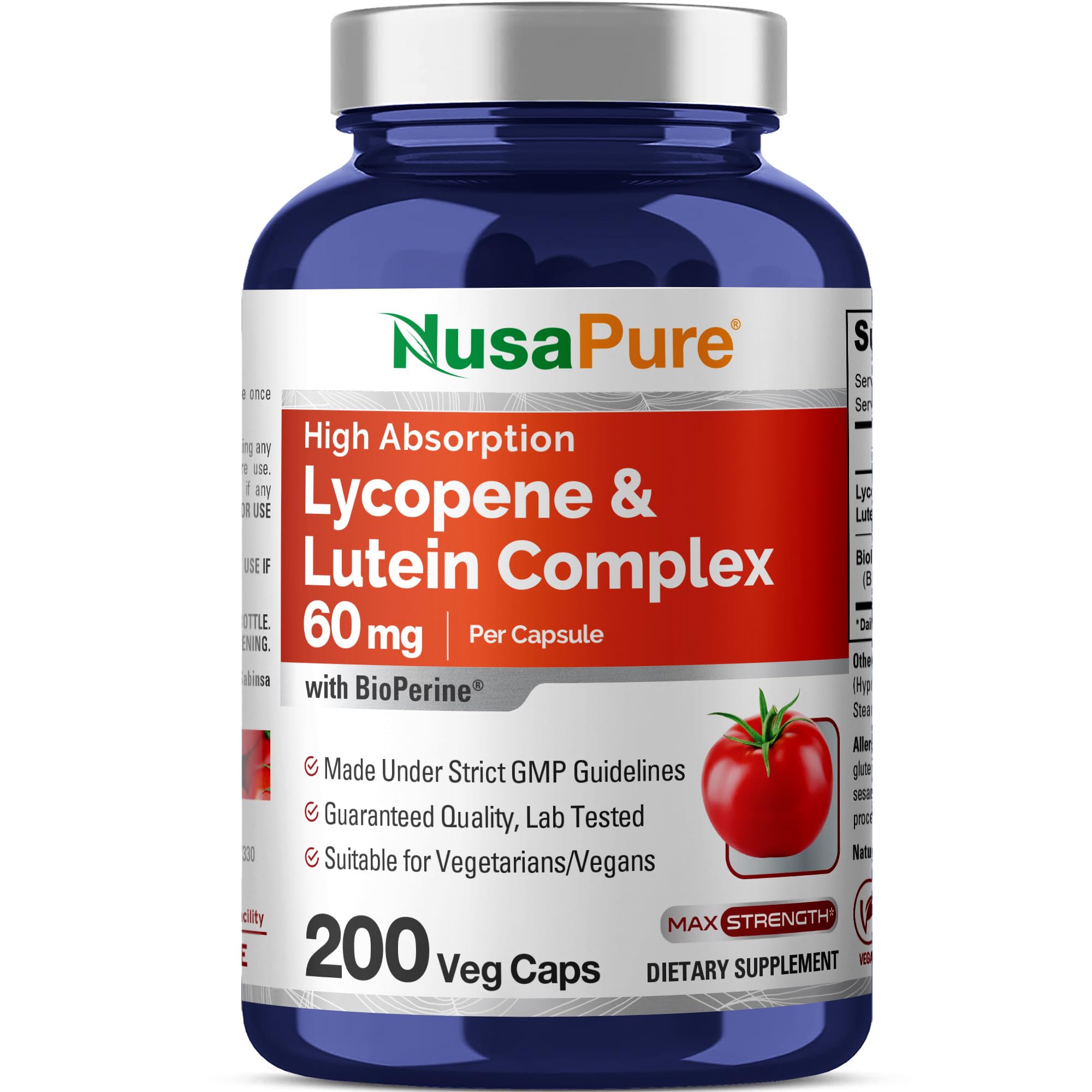 NusaPure Lycopene & Lutein Complex 50mg per caps 200 Veggie Capsules (Non-GMO & Gluten Free)