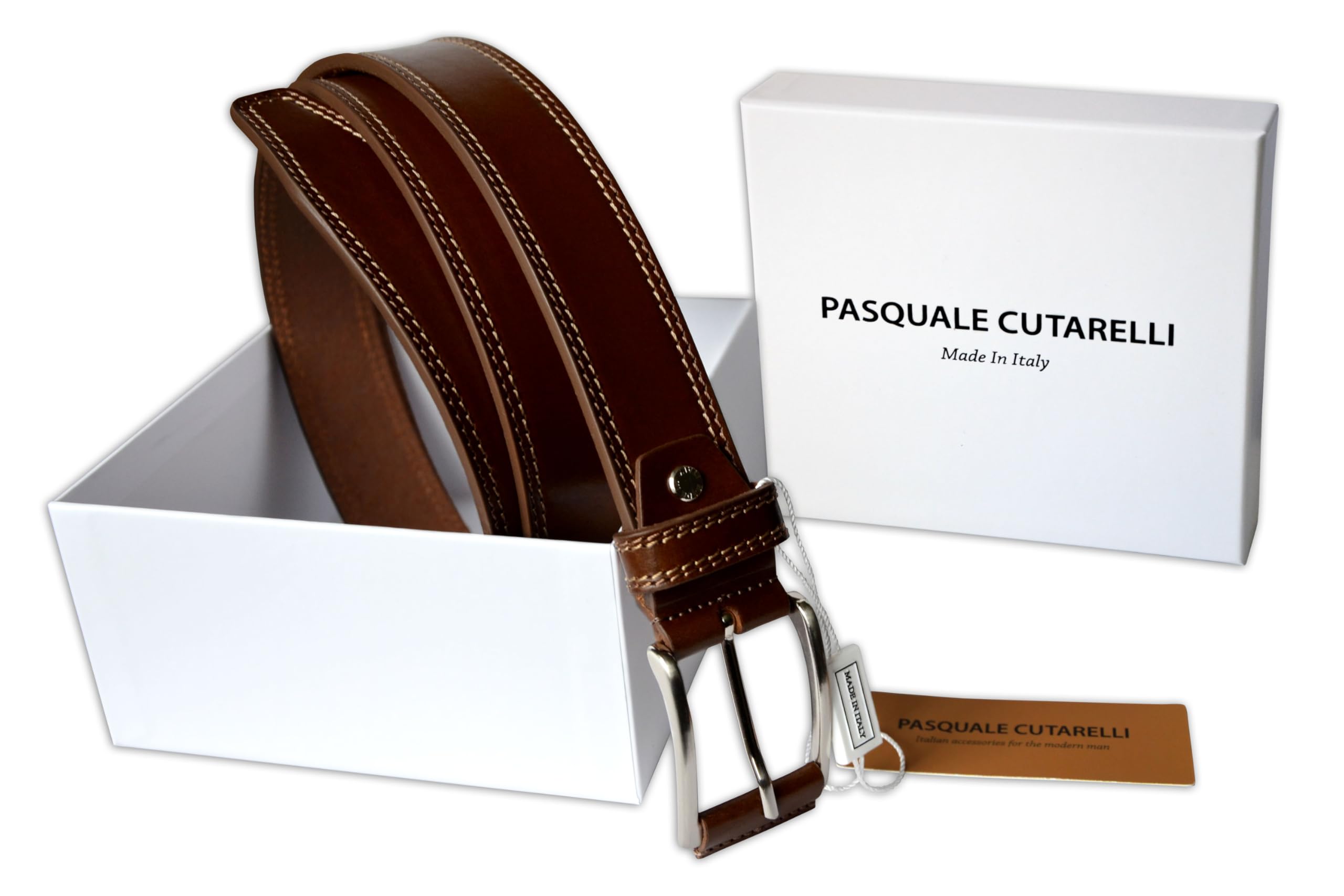 PASQUALE CUTARELLI Mens Plain Italian Bullhide Leather Belt with Double Stitch Fango Small 34 Inches