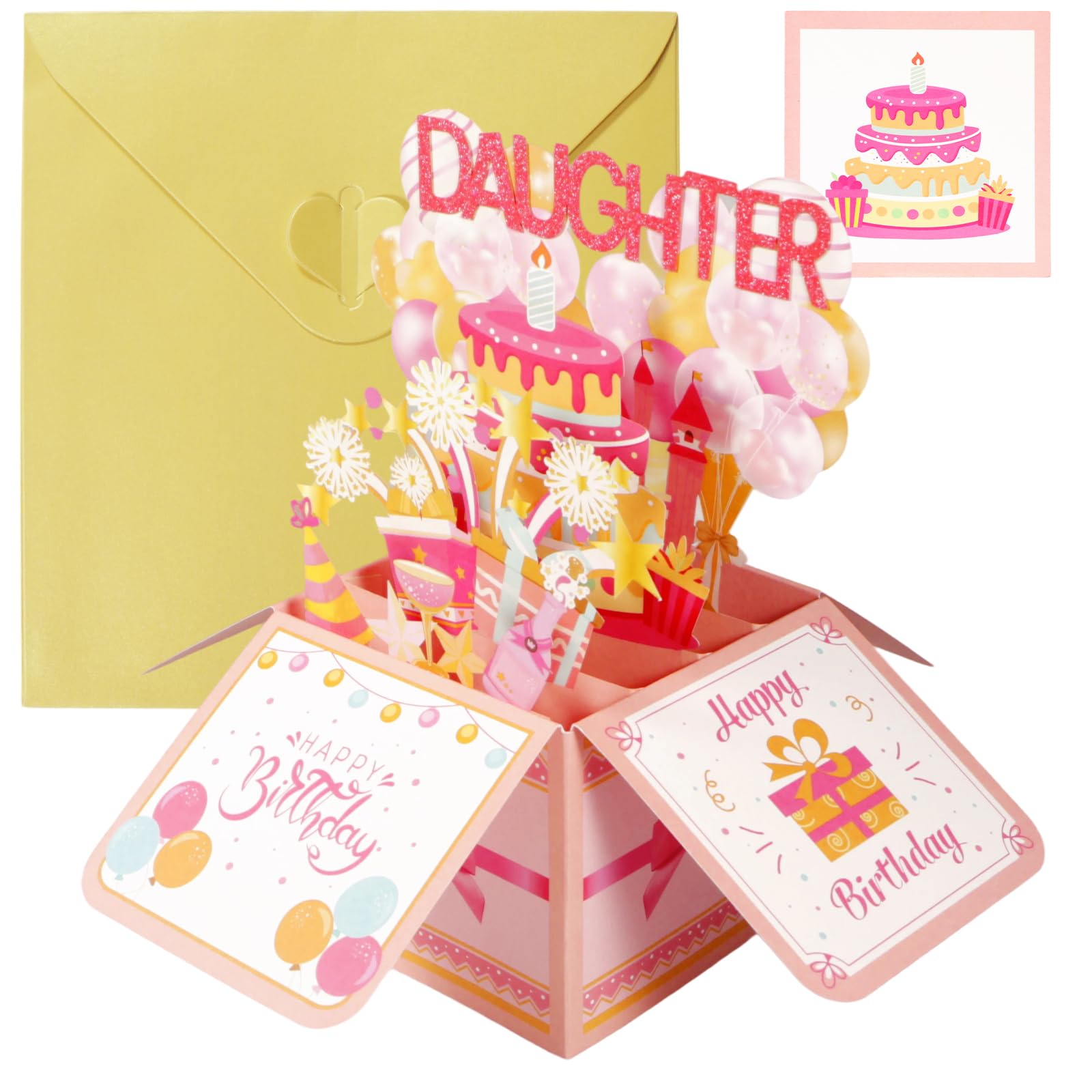 Daughter Birthday Card, 3D Pop Up Creative Cards with Envelope, Pink Personalised Birthday Card for Women, Mother, Wife, Daughter, Sister, Granddaughter, Birthdays Gifts