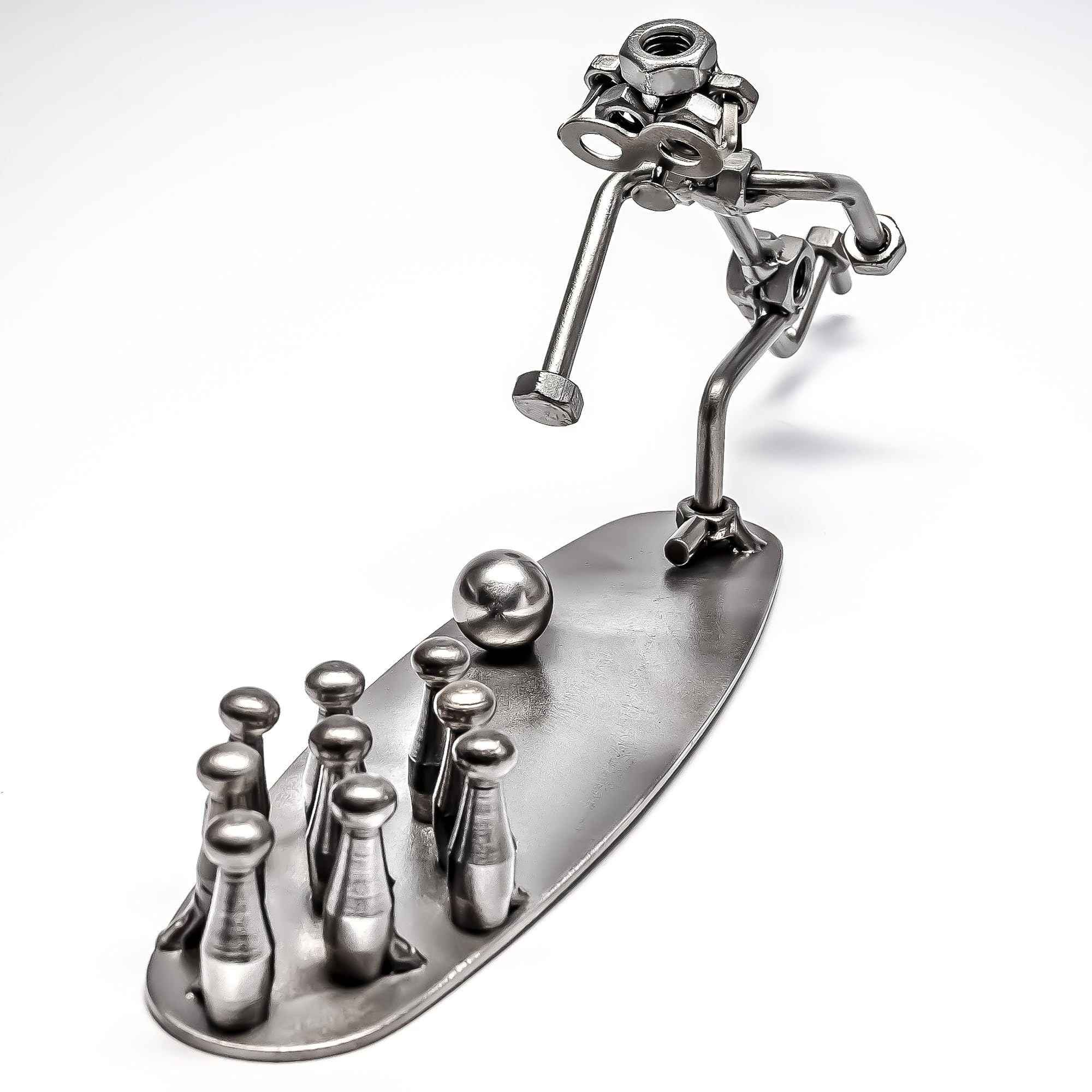 STEEMO Original Schraubenmännchen Figur: Kegeln – Handgefertigte Metall-Deko aus Stahl, kreative Kegel-Skulptur und Geschenkidee für Kegler & Bowling-Fans, 31x6x12 cm