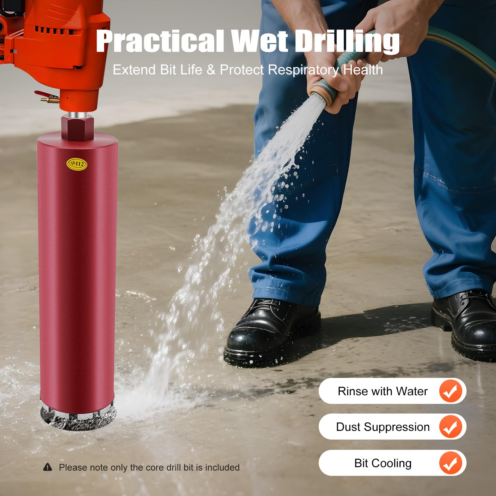 112 mm Diamond Core Drill Bit Hole Cutter M22, rosso, 410 mm di profondità, denti piatti e grandi muri, spessore parete 4 mm, per calcestruzzo e muratura