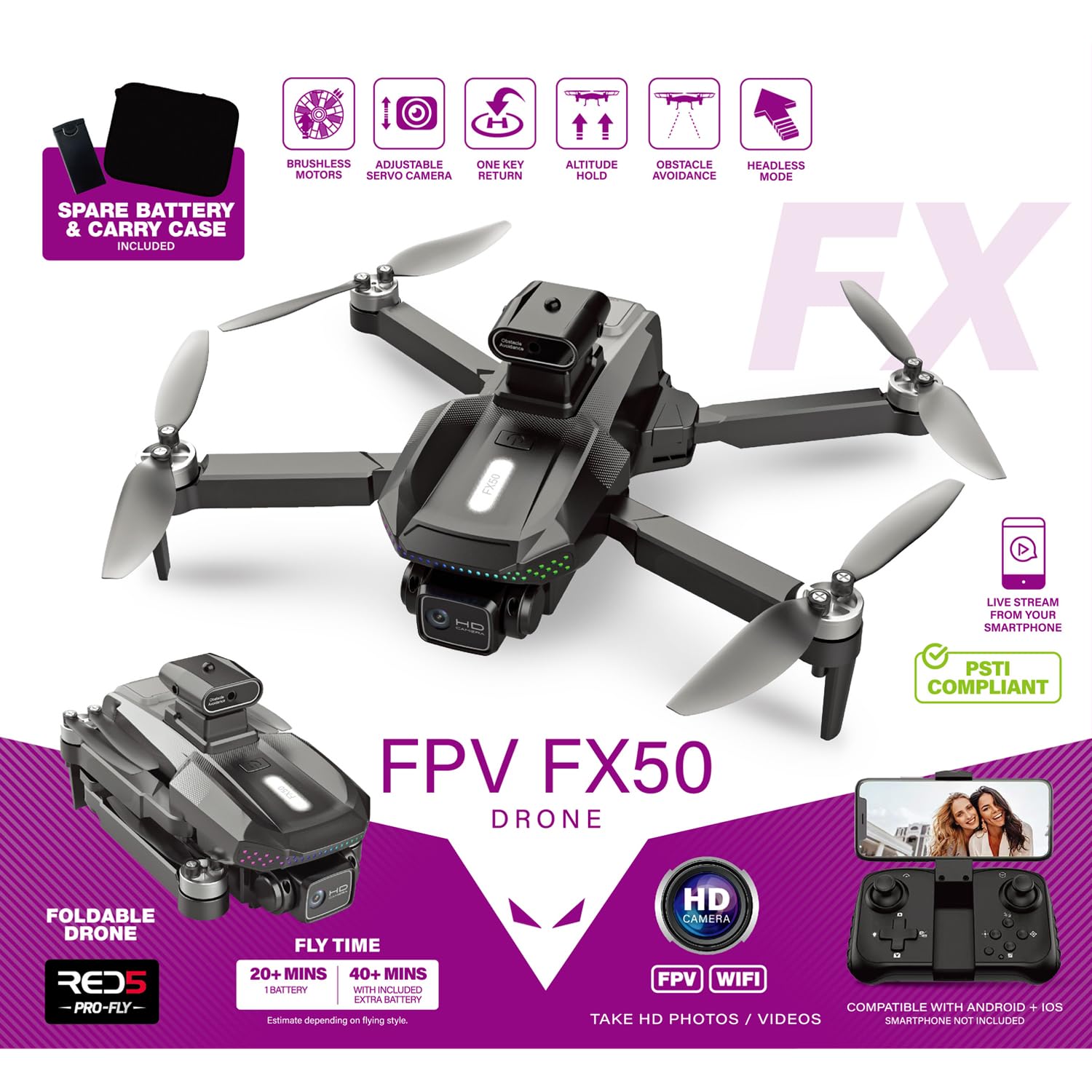 RED5 FX50 720p HD FPV Wi-Fi Secure PSTI Foldable Remote Control Quadcopter Drone, Multicolour - Image 2