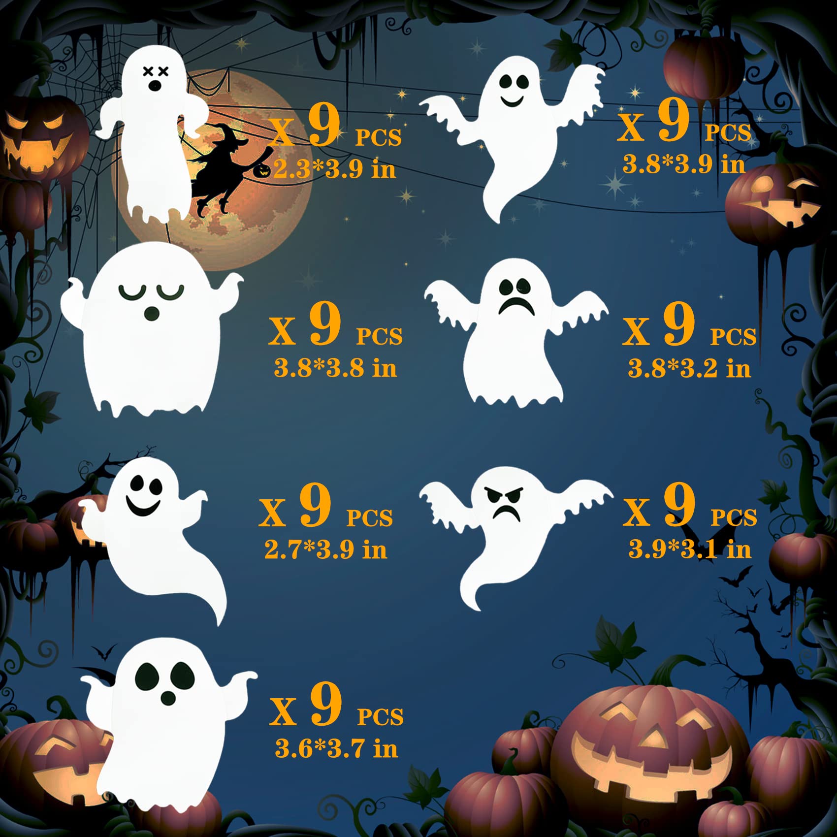 63PCS Halloween PVC 3D Ghost Stickers Window Decor - White Ghost Decal for Indoor Room Decorations