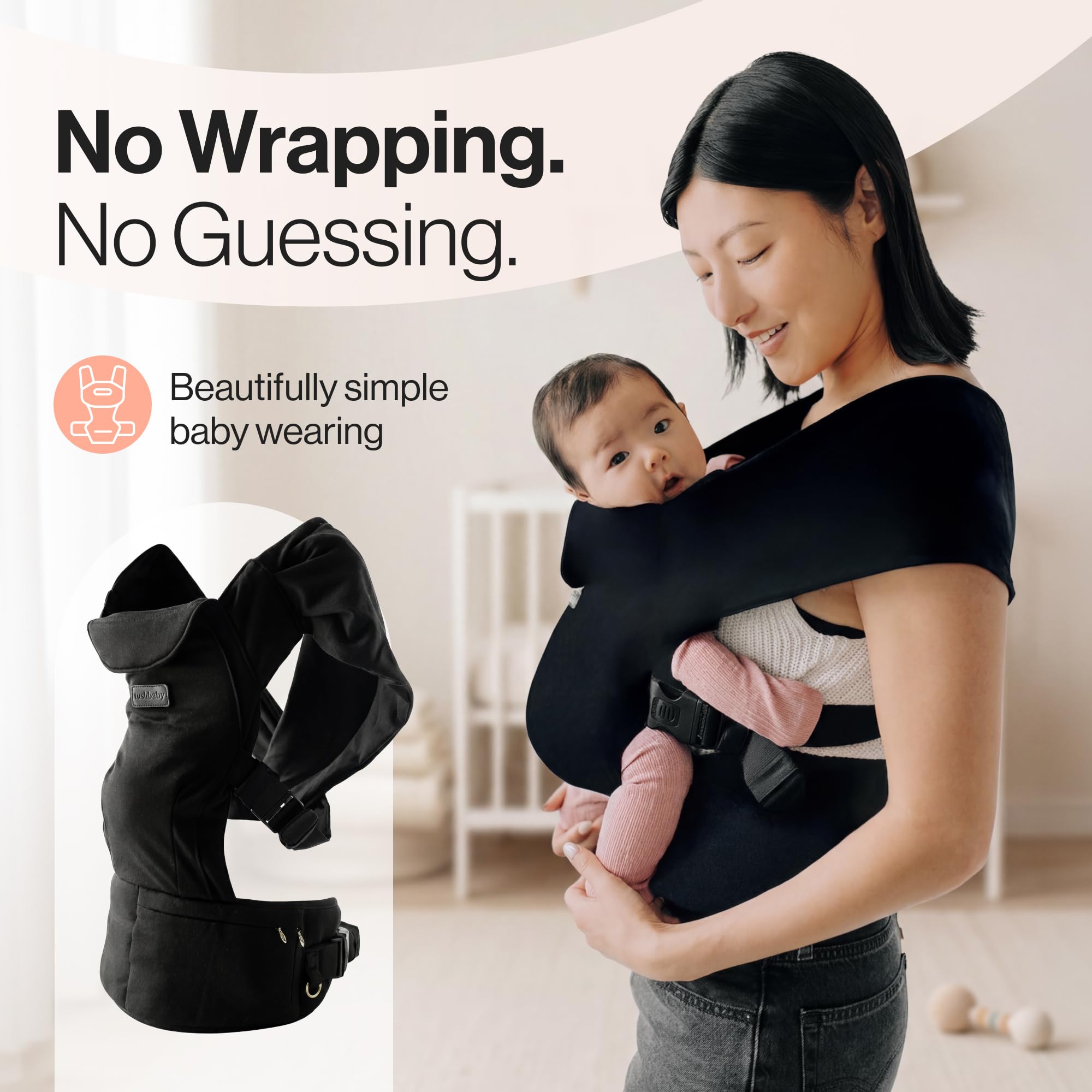 Tushbaby Pearl Wrap Carrier – Envoltura ergonómica para recién nacidos de 8 a 20 libras – Portabebés manos libres con almacenamiento, soporte para biberones y accesorio de limpieza – Tela suave y