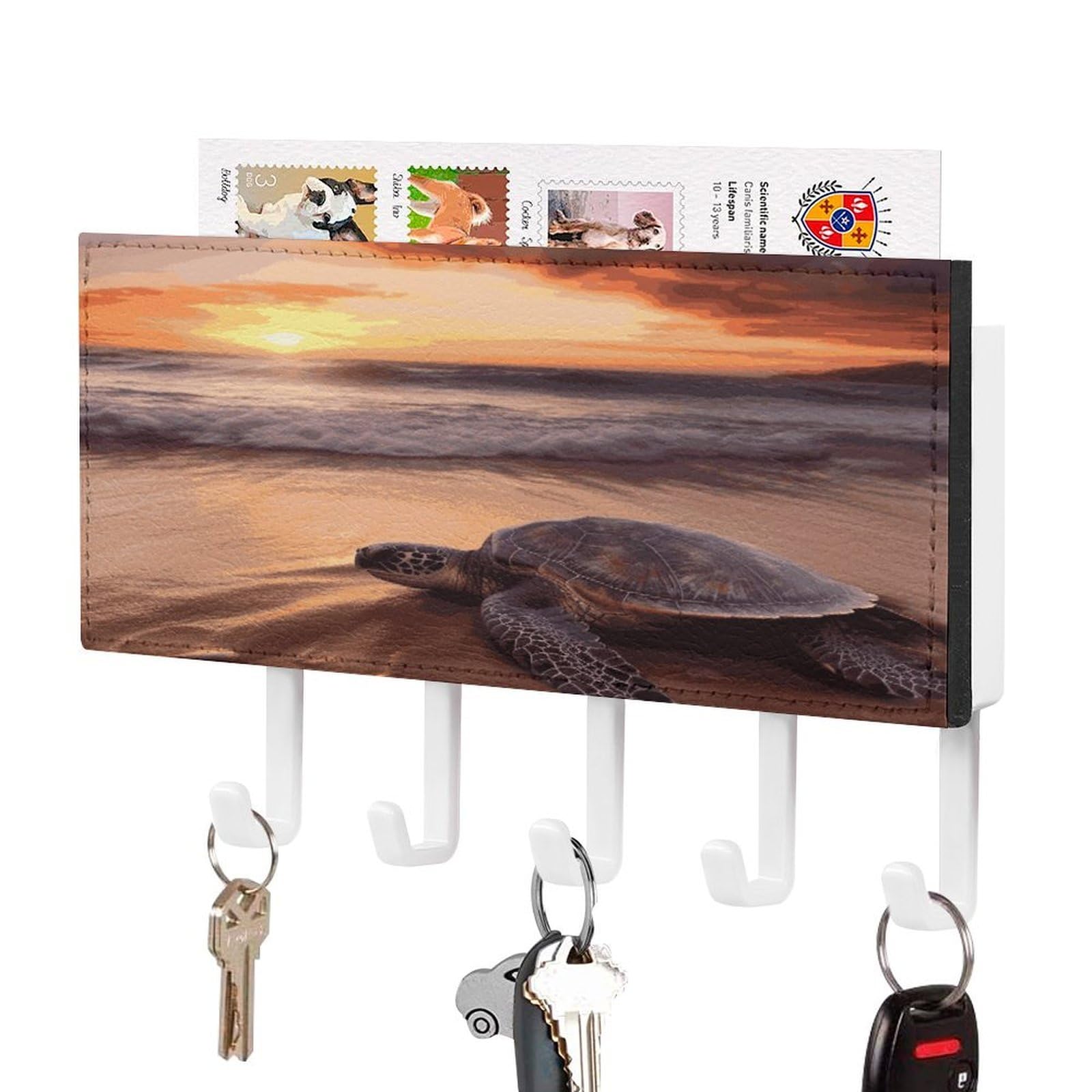 Fekiloot White-Style Sea Turtle Sunset Key Holder Wall Mount Key And Mail Holder Key Hanger With 5 Hooks Decorative Pu Key Rack Hanging Key Hooks For Wall Living Room Kitchen Bathroom Hallway
