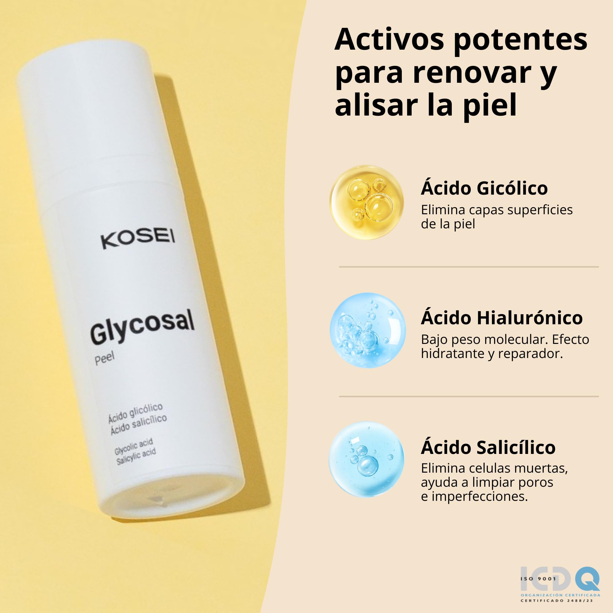 KOSEI | Glycosal Peel | Peeling Facial con Acido Glicolico | Aporta Luminosidad, Piel lisa y un Tono Uniforme | Exfoliante Facial | Combate las Arrugas e Imperfecciones | 50ml